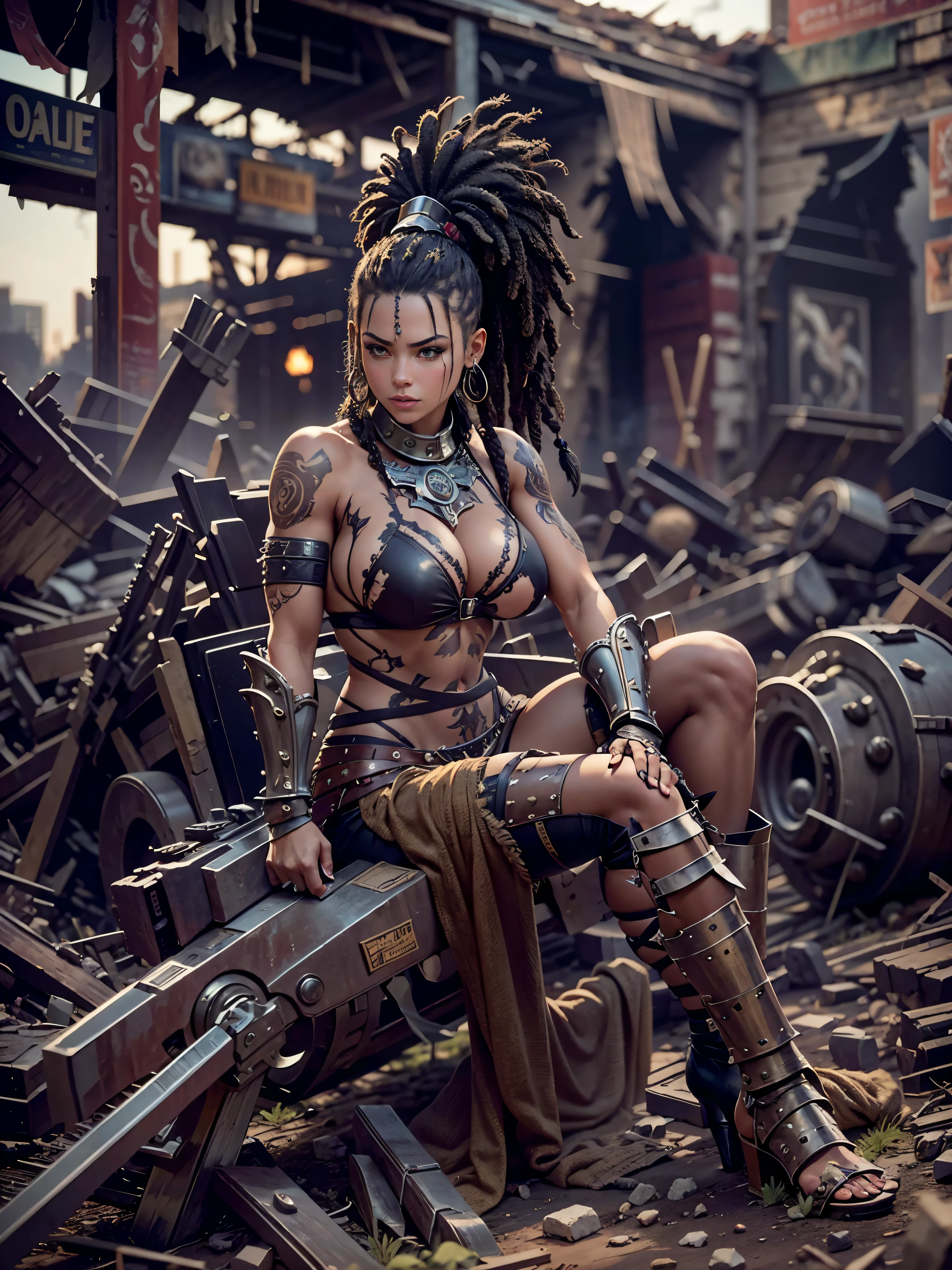 {{Meisterwerk}}, A pretty young woman with big ones, firm breasts, schlanke Taille, wide hips, Starke Oberschenkel, Beefier, fester Hintern, Nordamerikanischer Typ, in einer Welt nach einer atomaren Apokalypse, eine Kriegerin mit schwarzen wilden Dreadlocks, Armor made from fur and scrap metal, Stammes-Tattoos, Narben, Blut, eine Szene aus einem Actionfilm, a combative attitude, eine spannende filmische Perspektive, die Ruinen von New York im Hintergrund, filmische Beleuchtung, artistic details, selektiver Fokus auf ihr Gesicht, {{Fotokunst}}