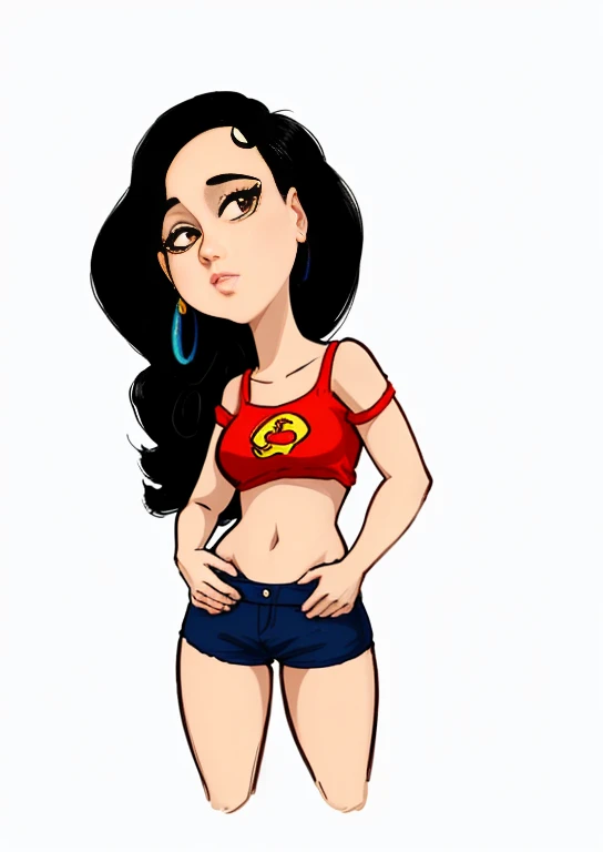 desenho de uma mulher com uma blusa vermelha e shorts azuis, em estilo cartoon, cartoon style illustration, estilo de arte dos desenhos animados, arte digital. @mariomaniacdude, cartoon arte digital, retrato de corpo inteiro de um curta!, estilo de arte dos desenhos animados, her black hair is a long curly, caricatura, cintura fina e quadris grossos, colorful illustration, cartoon illustration