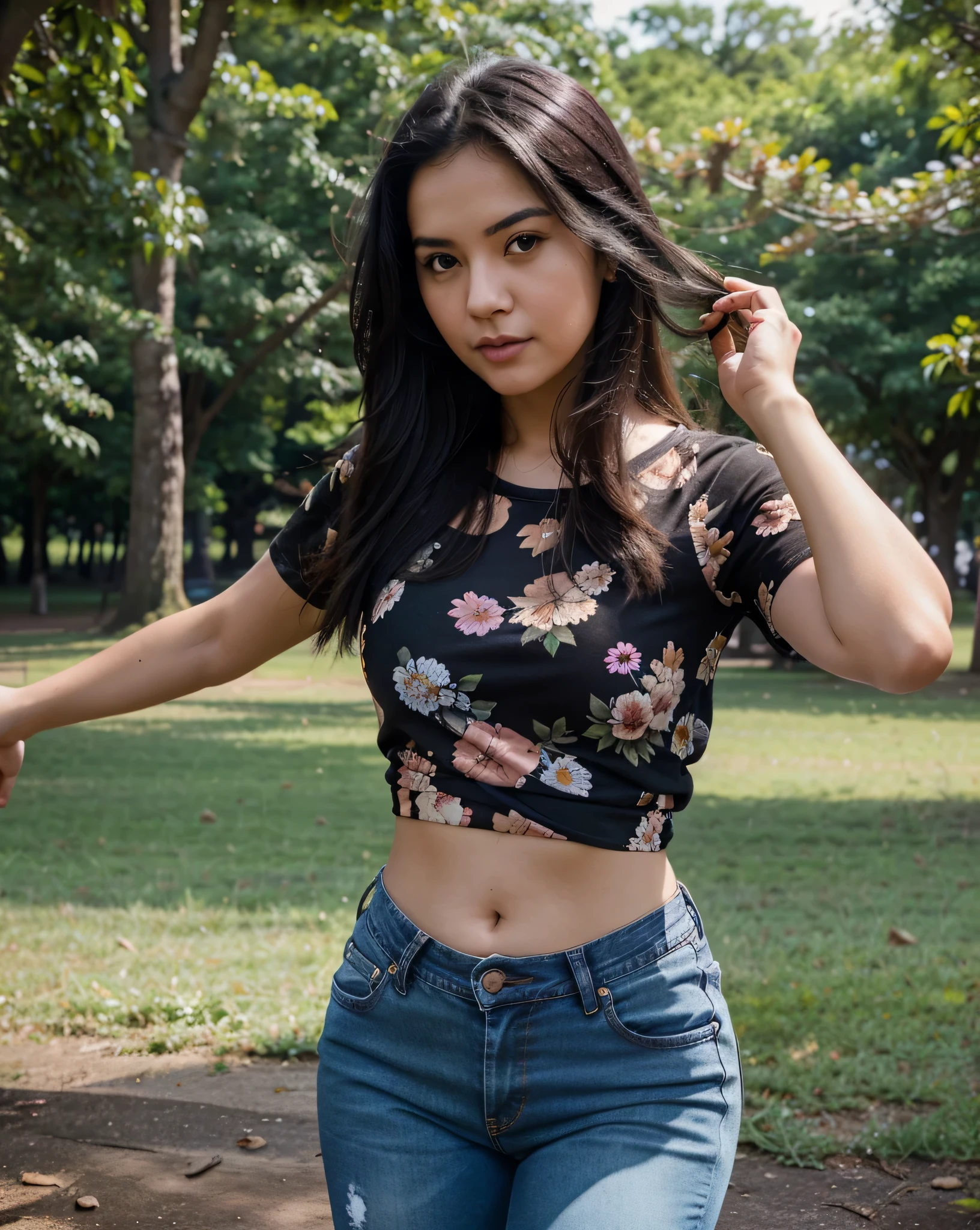 Realistic photograph, Full Portrait, Female model in mid twenties, fair complexion, Black hair, Oval Face, wearing floral print top and jeans, Playing with Labrador in park