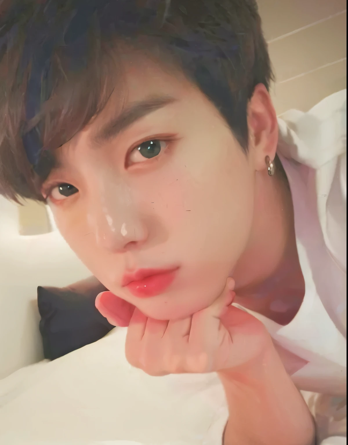 un primer plano de una persona acostada en una cama con una camisa blanca, jungkook, Jinyoung Shin, kim doyoung, TaeJune Kim, pale korean adorable face, hyung tae, Jung Jaehyun, pintar ulzzang, cai xukun, young pale angel, 1 7-year-old boy with a thin face, diez lee, hong junio hyung, Jinyoung Shin aesthetic, bts jungkook, jeon jungkook, korean male face