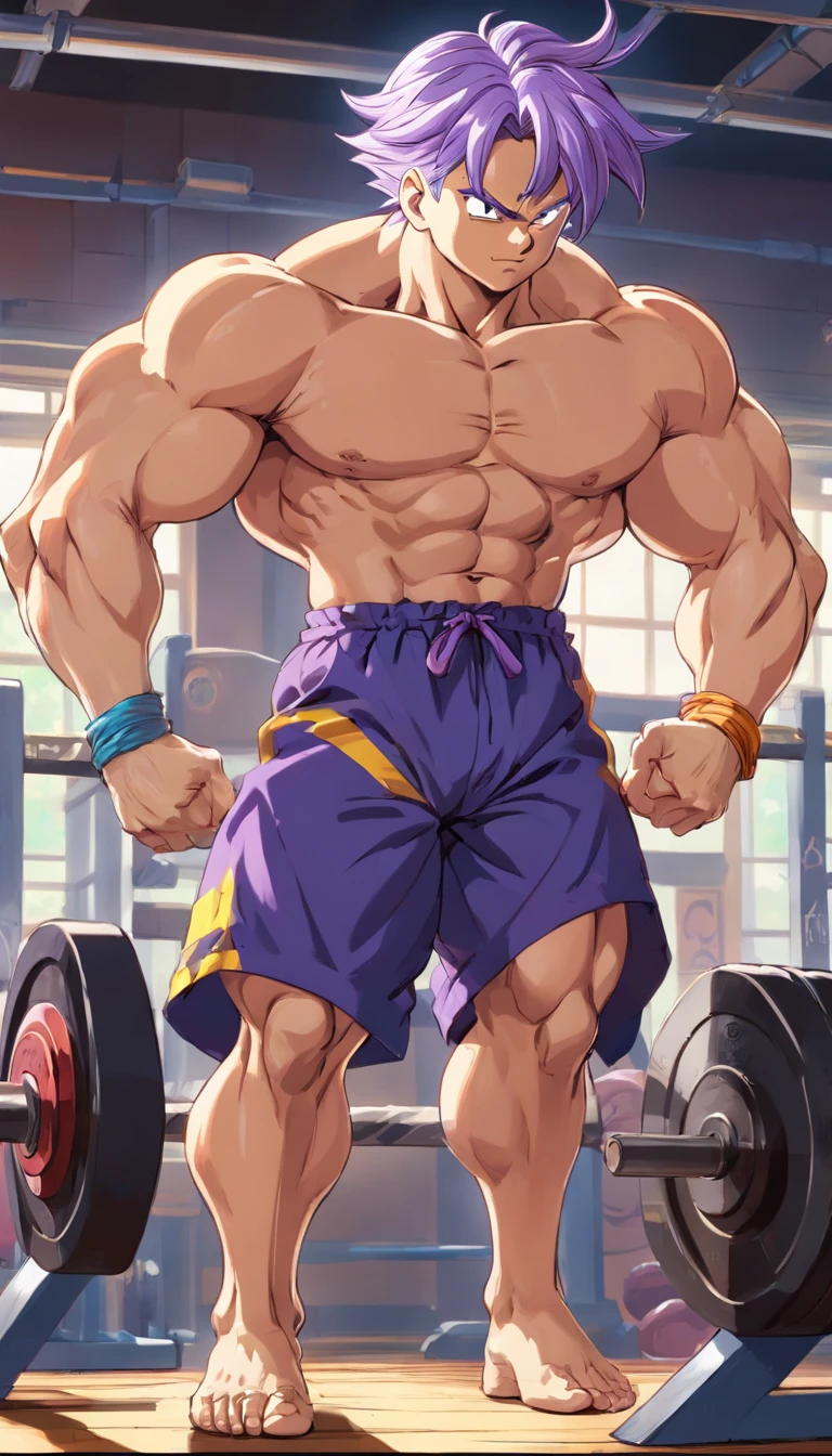 (Eine detaillierte Zeichnung von trunks , bodybuilding gym.), shirtless, huge muscle Body, Big Bizeps, Big shoulders, muscukar legs,abs, barefoot, squats, Full body image