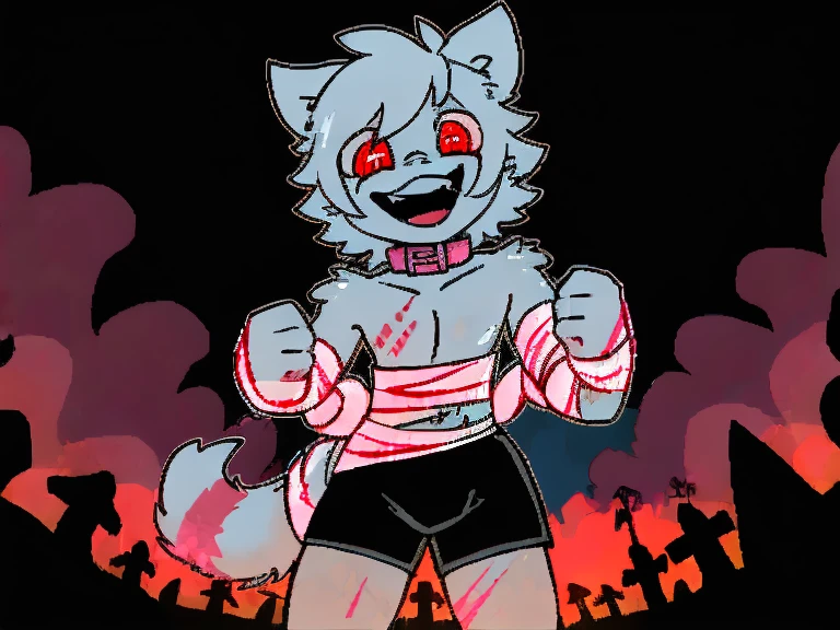 （4K，8k，best quality，meticulous details，DeliCate light，DeliCate short hair）Cat，white hair，There&#39;a bit strange，black shorts，Big blue striped tail，Shota，Covered in scars，Pink collar，crazy，Bandages wrap around the body，In the cemetery，Red filter，ghost ，vine，laughing out loud