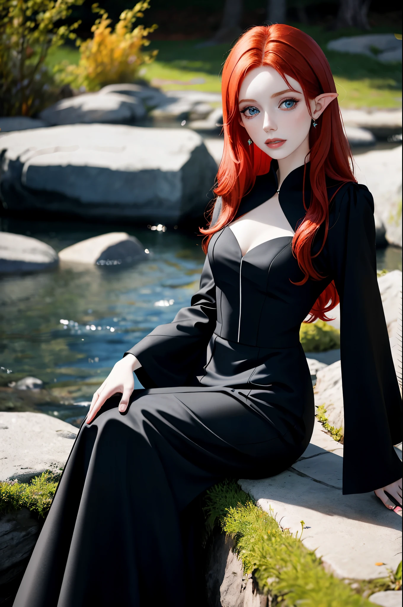 redhead haired woman in black dress sitting on rock in park, a portrait inspired by Julia Pishtar, tumblr, fantasy art, amouranth, better known as amouranth, young beautiful amouranth, beautiful redhead woman, red haired goddess, with pale skin, amouranth as a super villain, very beautiful elven top model, redhead girl, fantasy photoshoot