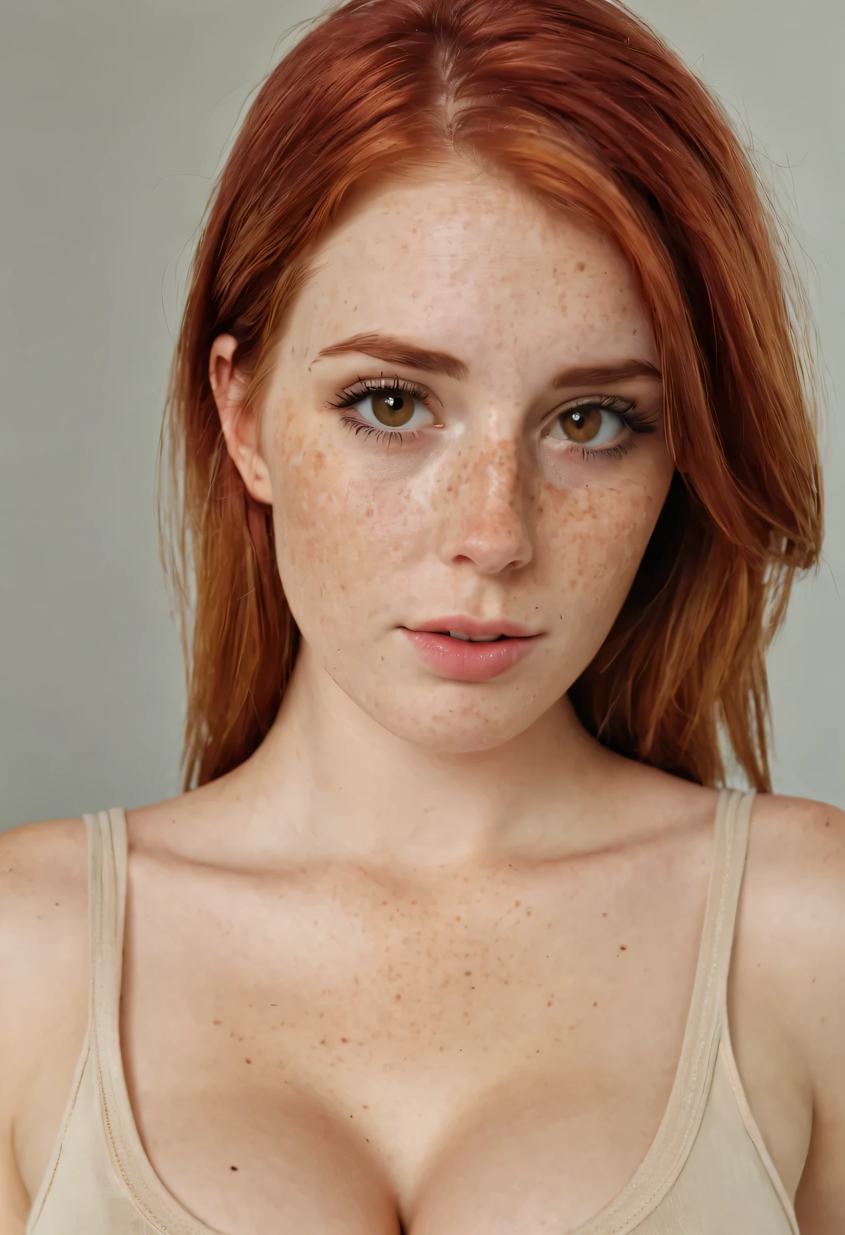 beautiful redhead women with freckles showing large natural breast cleavage and hazel eyes in a beige tank top plain shirt horny face at the camera for a full front profile shot, we must be able to see up to her waist