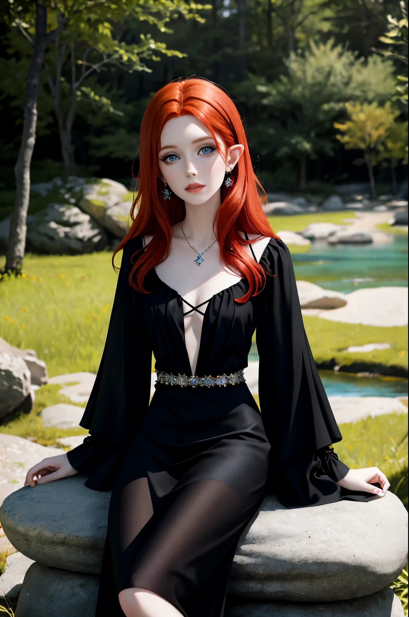 redhead haired woman in black dress sitting on rock in park, a portrait inspired by Julia Pishtar, tumblr, fantasy art, amouranth, better known as amouranth, young beautiful amouranth, beautiful redhead woman, red haired goddess, with pale skin, amouranth as a super villain, very beautiful elven top model, redhead girl, fantasy photoshoot