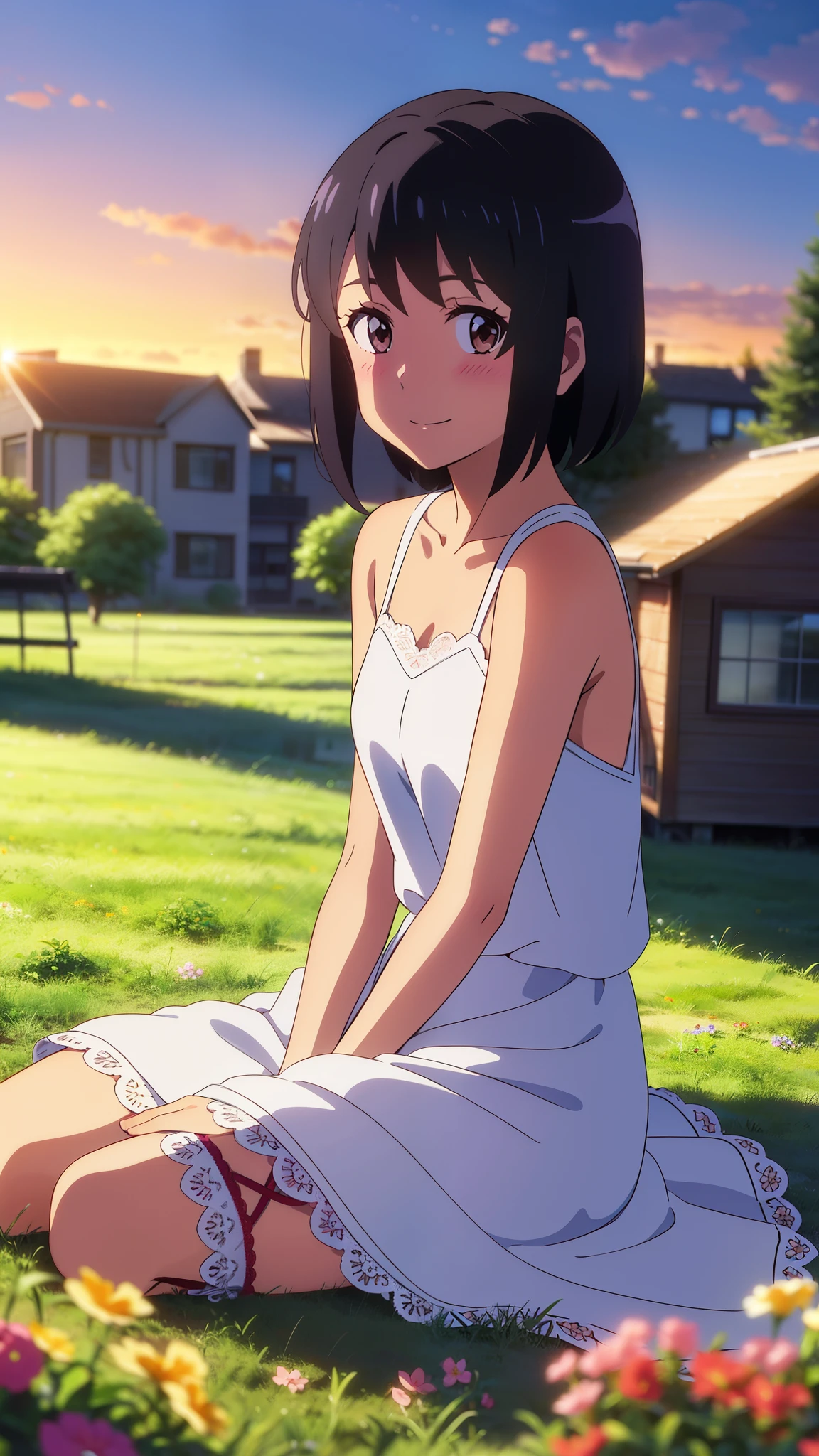 Anime girl sitting on the grass in front of a house - SeaArt AI