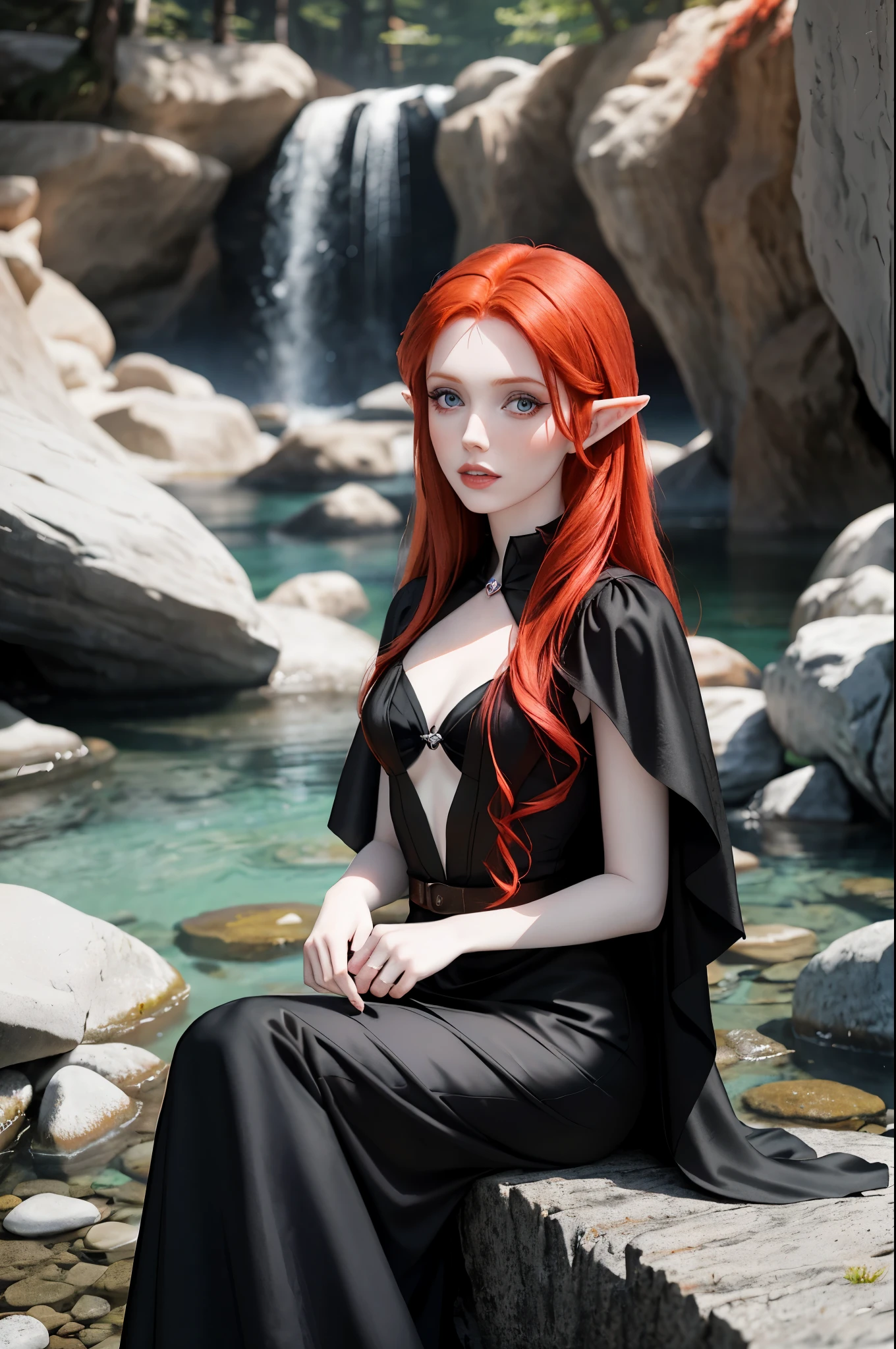 redhead haired woman in black dress sitting on rock in park, amouranth, better known as amouranth, young beautiful amouranth, beautiful redhead woman, red haired goddess, with pale skin, amouranth as a super villain, very beautiful elven top model, redhead girl, fantasy photoshoot, triss merigold cosplay, redhead woman, beautiful maiden