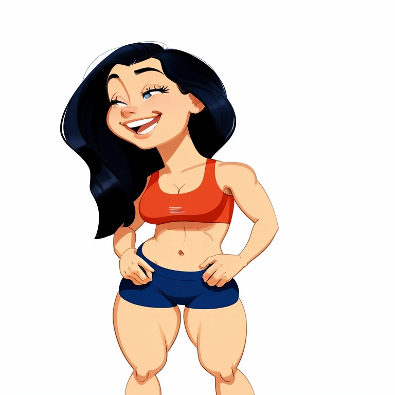 cartoon woman with a big smile standing in a red top, em estilo cartoon, cartoon style illustration, estilo de arte dos desenhos animados, mulher em forma, apta, cartoon illustration, becomes a curvy physique, hd illustration, mulher curta robusta, desenho animado altamente detalhado, estilo de arte dos desenhos animados, sports bra and dark blue shorts, character is in his natural pose, arte digital. @mariomaniacdude