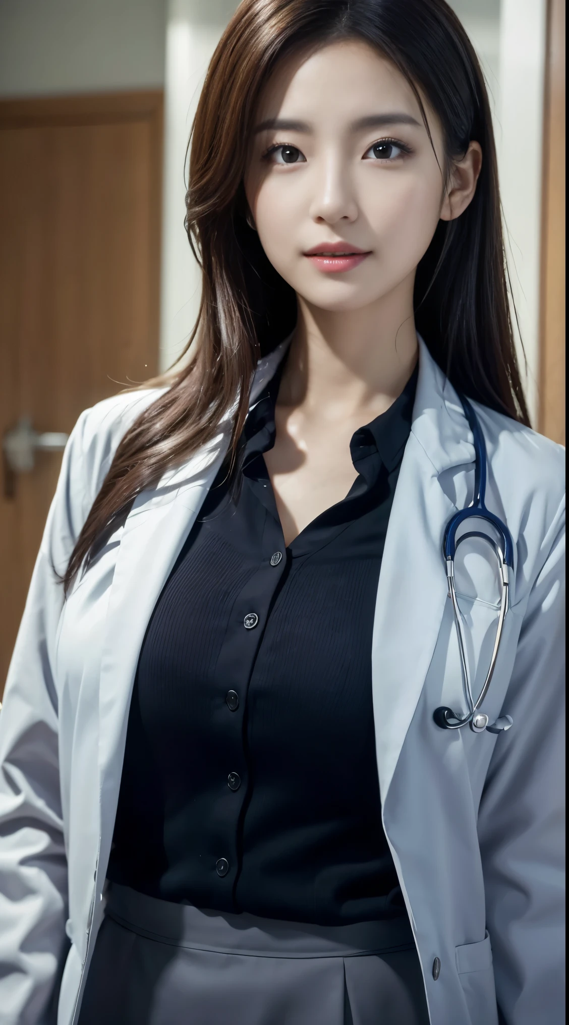 Photorealistic beautiful doctor、amazingly beautiful、doctors white coat, collared shirt、(highest quality、8K、32K、masterpiece、nffsw:1.3)、Super high resolution,(Photoreal:1.4),Raw photo, detailed face,,beautiful hair, ((Doctor Style)), , black tight skirt、 natural makeup,, big and full breasts、inside hospital, detailed background, perfect lighting, Depth of bounds written, beautiful shadow gradation,Stethoscope ,