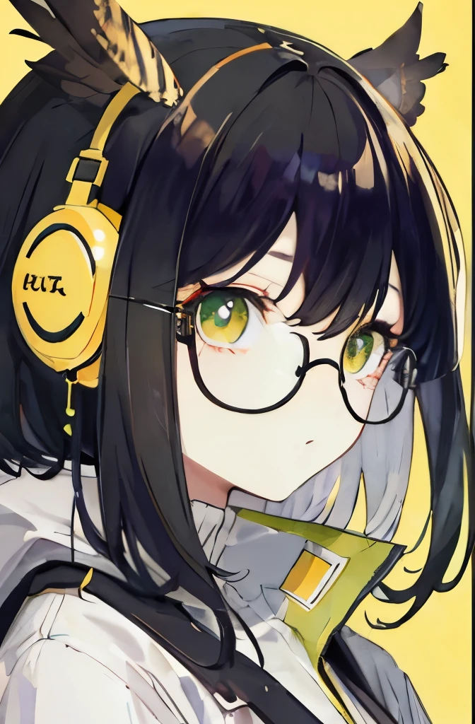 Beautiful owl girl yellow glasses yellow-green eyes black hair attractive