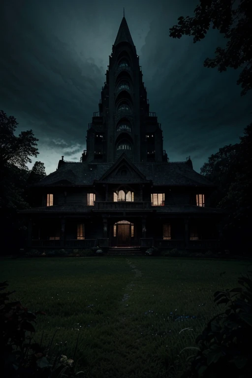 A detailed masterpiece with the best quality and a rating of 1.4. The artwork should have cinematic lighting, with vibrant and colorful tones that create a high contrast effect. The main focus of the image is a mountain, surrounded by lush green grass and tall trees. The scene is set at night, with a dark and eerie atmosphere. The horror theme is prominent, with the addition of a menacing monster lurking in the shadows. The overall mood is mysterious and sinister.