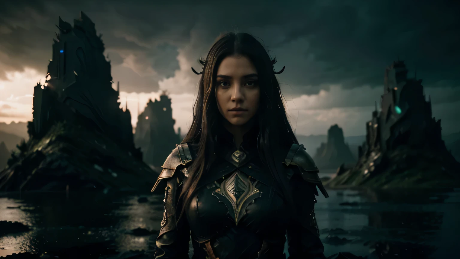 Eldoria in a state of disarray, behind her was fractured floating islands, fantasy style, cinematic, detailed, 8k, sharp focus, dark fantasy style, at evening during rain, beautiful and aesthetic, photography, cinematic, 8k, high detailed, hyper details face