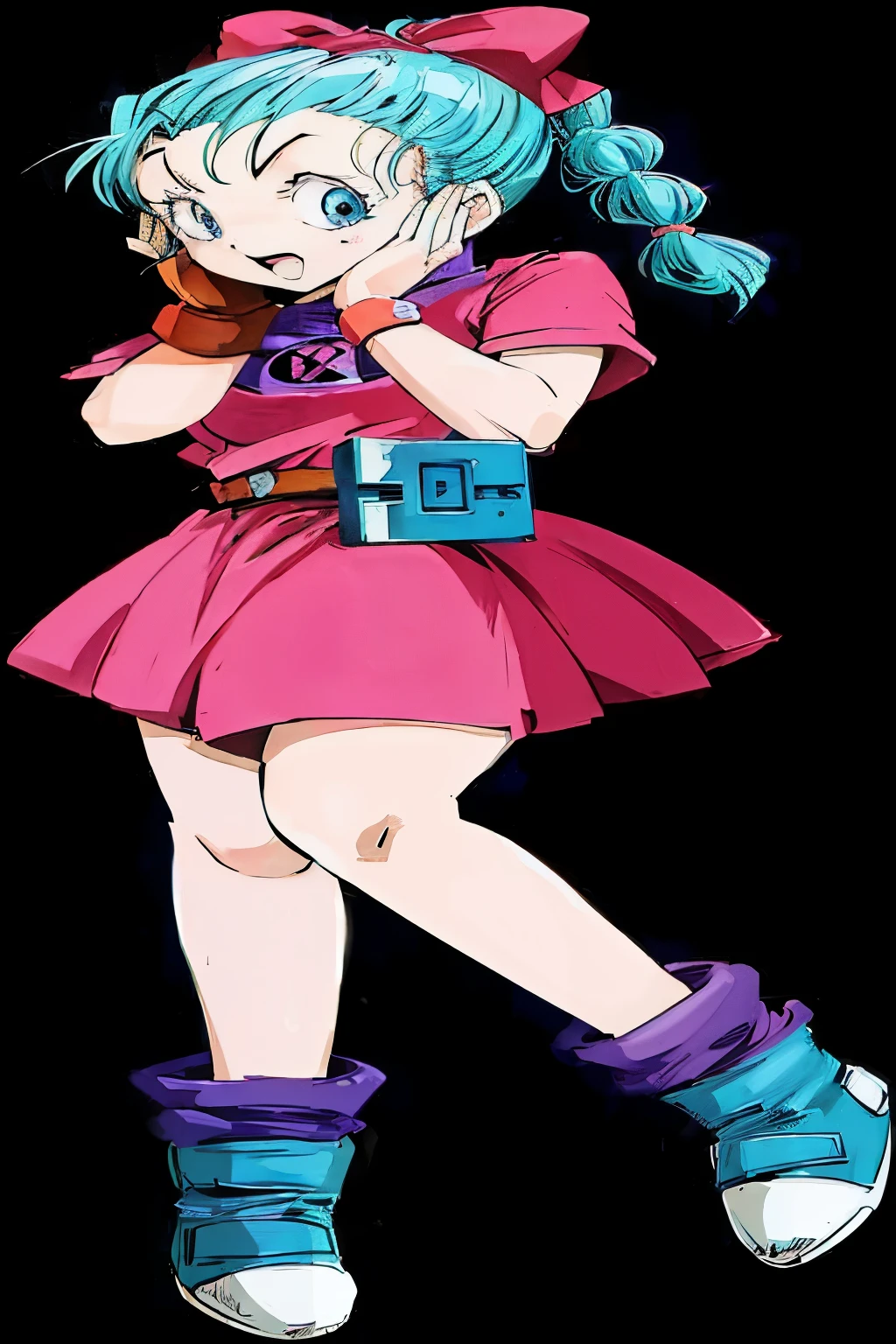 anime girl with blue hair and pink dress holding a cell phone, android 18, bulma from dragon ball, gainax anime style, saiyan girl, studio gainax art, faye valentine from cowboy bebop, 8 0 s anime style, hisoka from hunter × hunter, anime cover, 8 0 s anime vibe, by Akira Toriyama