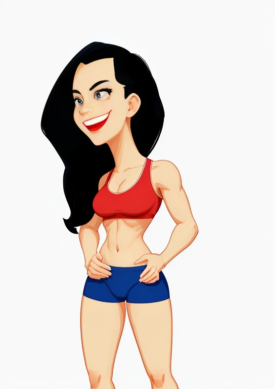 cartoon woman with a big smile standing in a red top, em estilo cartoon, cartoon style illustration, estilo de arte dos desenhos animados, mulher em forma, apta, cartoon illustration, becomes a curvy physique, hd illustration, mulher curta robusta, desenho animado altamente detalhado, estilo de arte dos desenhos animados, sports bra and dark blue shorts, character is in his natural pose, arte digital. @mariomaniacdude