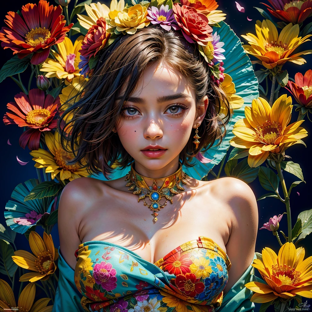 (masterpiece, top quality, best quality, official art, beautiful and aesthetic:1.2), (1girl), extreme detailed,(fractal art:1.3),colorful,highest detailed chiaroscuro technique on painting of a woman holding a bouquet of sunflowers in front of a golden background, hyperrealistic art nouveau, chie yoshii, andrey remnev, by Yamagata Hiro, mucha klimt and tom bagshaw, inspired by J. C. Leyendecker, inspired by J.C. Leyendecker, inspired by James C. Christensen, money everywhere, very rich and elegant, (oil painting:1.5), (NSFW:1.2), a woman joyfully twirling in the raining paint, paint raining, thick paint rainbow hair, body covered with paint, joyful, ((sfw)), calm facial expression, relaxed, gentle smile, (clothes made of liquid paint)), front view, ((small breasts, relaxed face, relaxed shoulders)), ((dynamic pose)), liquid details, correct anatomy, both arms visible, Create an illustration using the soft and ethereal qualities of watercolor. Beautiful pink skin anime model full body, sun-bathing on floating cloud along the suns surface, enticing eyes, curly hair dreamy, background thick clouds,, hyperdetailed, detailed, (masterpiece) . high fashion, luxurious, extravagant, stylish, , opulent, elegance, stunning beauty, professional, high contrast, detailed, Depict a dreamy, whimsical scene with elements that seem to merge with the background