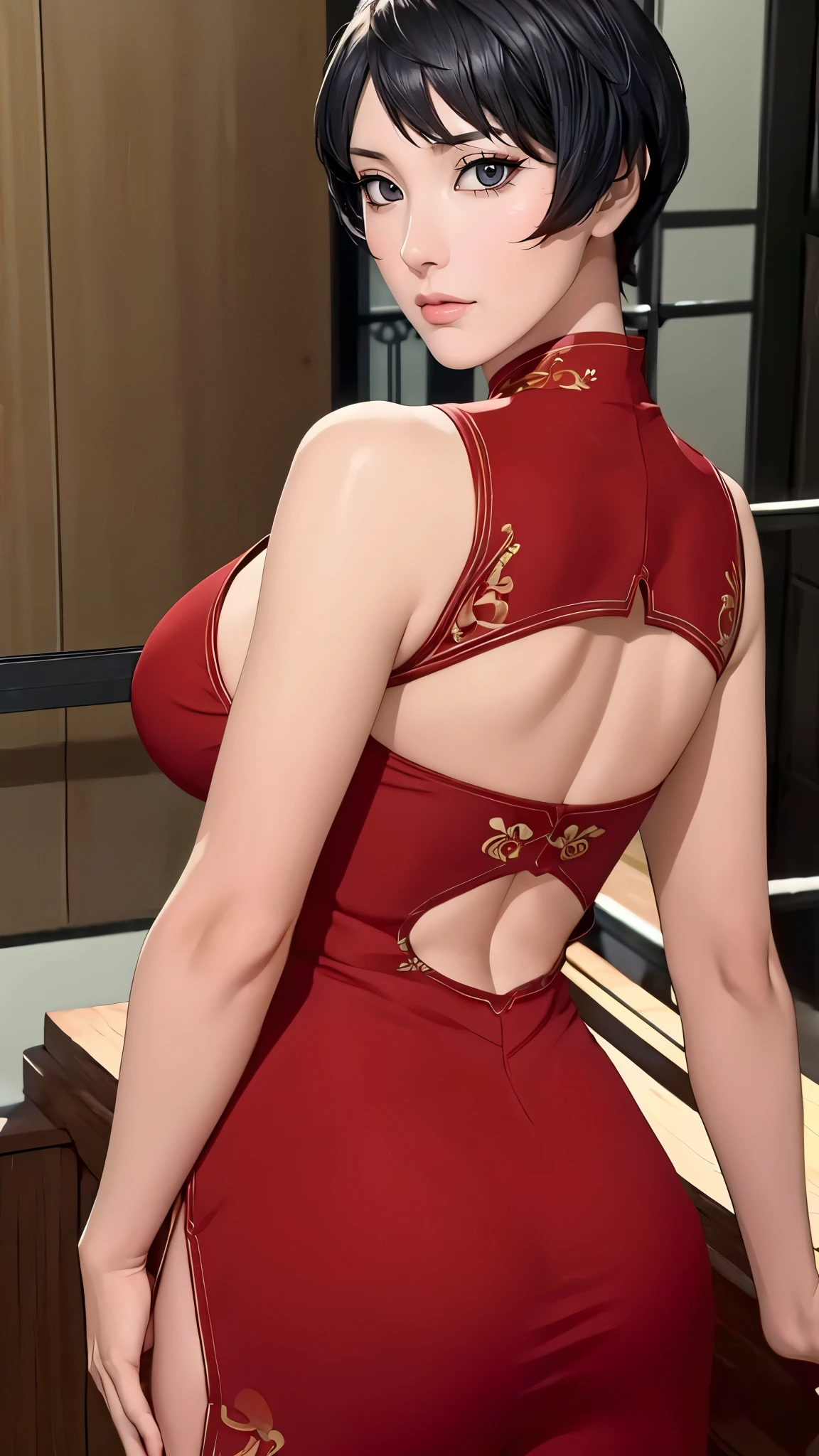 （（（Wearing a red slit cheongsam，Black gloves on both hands。（（（Kurotsuchi，short black hair，black pupils，Good-looking， ））），（（（wide hips））），S-shaped body:1.7））），((masterpiece)),high resolution, ((Best quality at best))，masterpiece，quality，Best quality，（（（ Exquisite facial features，looking at the audience,There is light in the eyes，lol，confidence ））），（（（Light and shadow interlace，huge ，cleavage））），（（（looking into camera，legs together，from behind，plump butt，回头looking into camera，Slender and slender legs）））