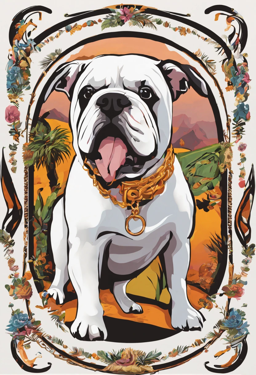 Plants and artistic details form a round frame to house the dog in the center, Popart, streetart, isolated vector-art t-shirt design of a Bulldog Dog wearing luxurious chain on its neck
, look at the desert with curiosity and wonder. White Collie dog or bitch should be portrayed with a sense of admiration and fascination, cercado pelas maravilhas da natureza. Use cores suaves e sonhadoras para criar uma atmosfera extravagante e encantadora. The design should evoke a sense of wandering desire and encourage viewers to embrace their own adventurous spirit, isolado, Sem antecedentes, no estilo 0mib