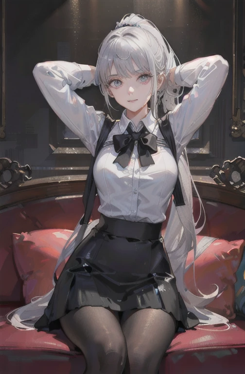 ((1 girl)),(high detailhyper quality,a high resolution,),(epic detail),(Exquisite make-up),{Best shadow},(living room),((fluffy silver hair, Busty and slender girl with a high ponytail)), Avoid blondes with eyes in the sinister living room, (((The girl wears a white shirt, black crumpled skirt, with black transparent tights))), {Showcases a delicate, slender figure and graceful curves}, (costs), ((hides his hands behind his head))))), (facial details)