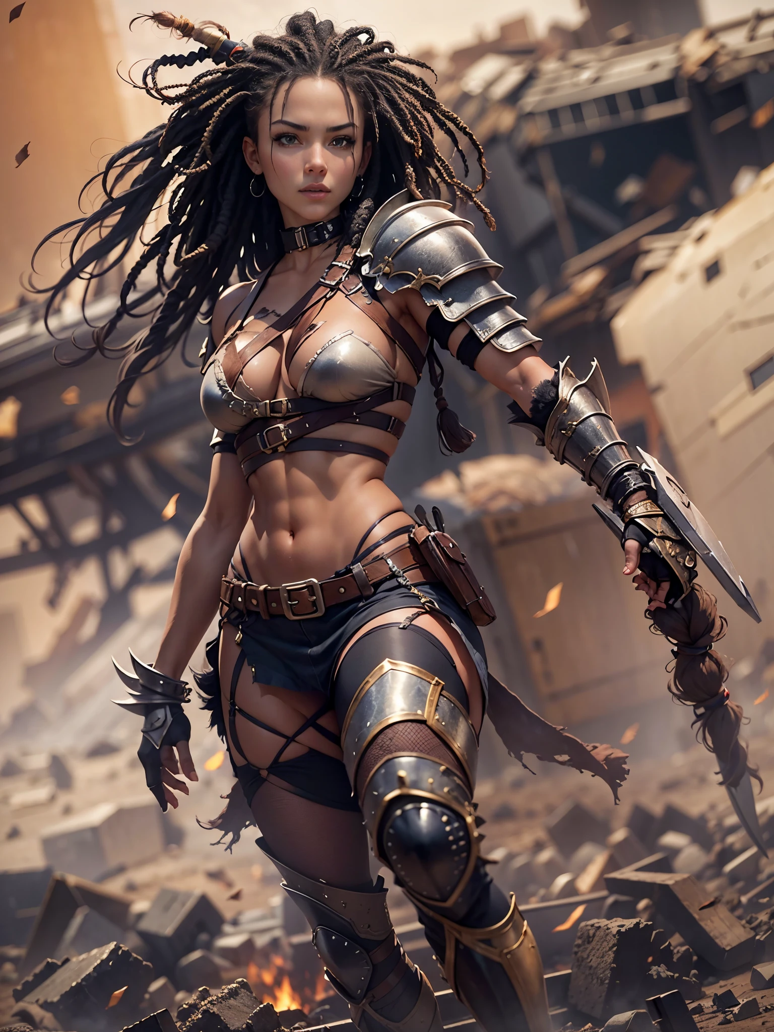 {{Masterpiece}}, A pretty young woman with big firm breasts, narrow waist, wide hips, strong thighs, strong firm butt, North American type, in a world after an atomic apocalypse, a warrior woman with black wild dreadlocks, armor made of fur and scrap metal, a scene from an action movie, combative pose, exciting cinematic perspective, plane wreckage in the background, cinematic lighting, artful details, selective focus on her face, {{photo art}}