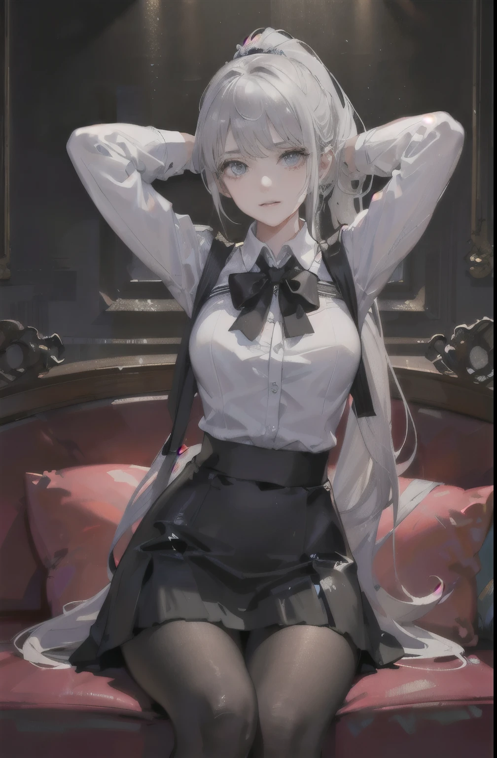 ((1 girl)),(high detailhyper quality,a high resolution,),(epic detail),(Exquisite make-up),{Best shadow},(living room),((fluffy silver hair, Busty and slender girl with a high ponytail)), Avoid blondes with eyes in the sinister living room, (((The girl wears a white shirt, black crumpled skirt, with black transparent tights))), {Showcases a delicate, slender figure and graceful curves}, (costs), ((hides his hands behind his head))))), (facial details)