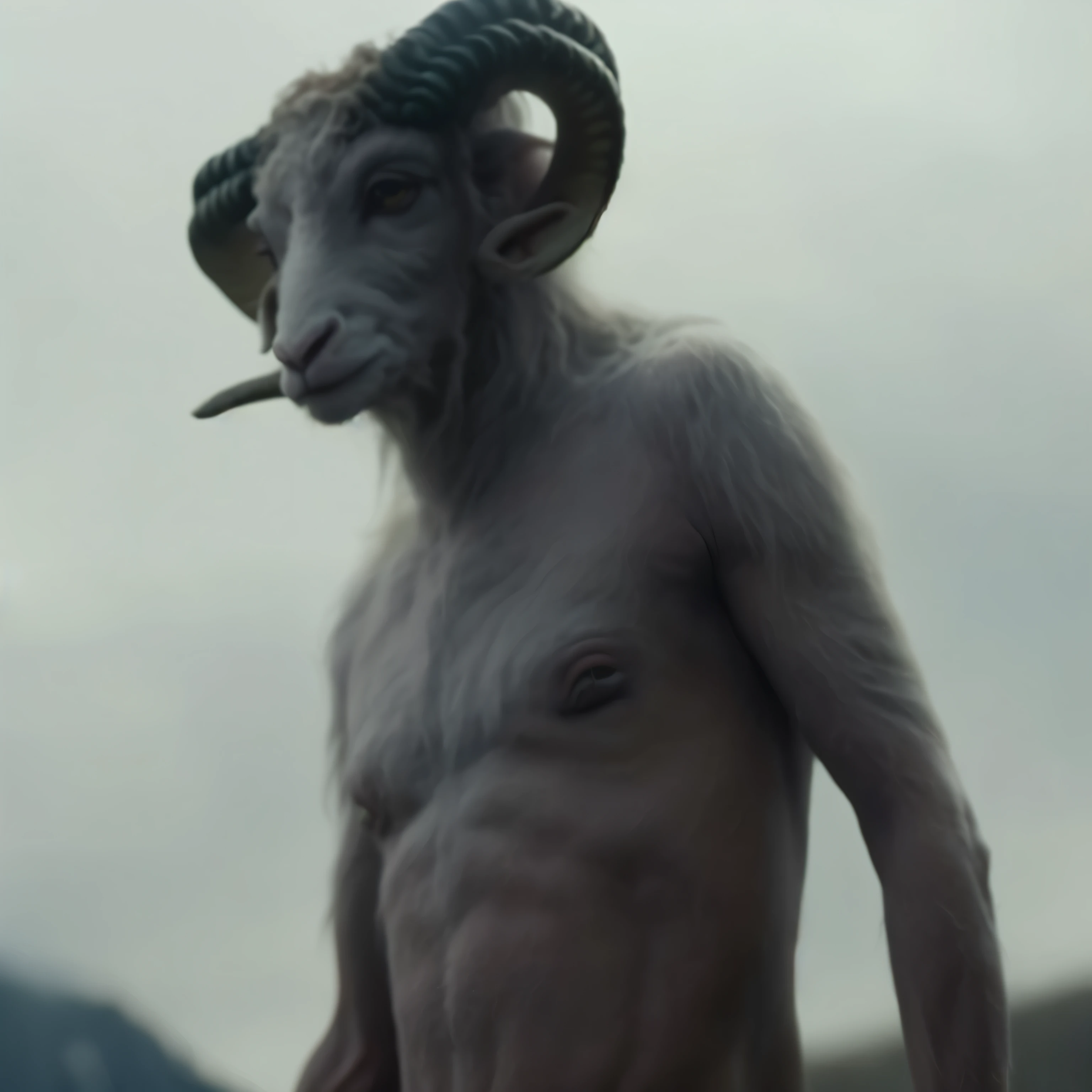 carneiro arafiado com um chifre longo parado em um campo, frank dillane as a satyr, satyr, ele tem pernas de homem-bode, human lamb hybrid, fit male demon with white horns, um, a demon-like creature, um, a demon-like creature, ainda de um filme de fantasia, Monstro de cabra mutante rugindo, Ainda de um filme de Ridley Scott