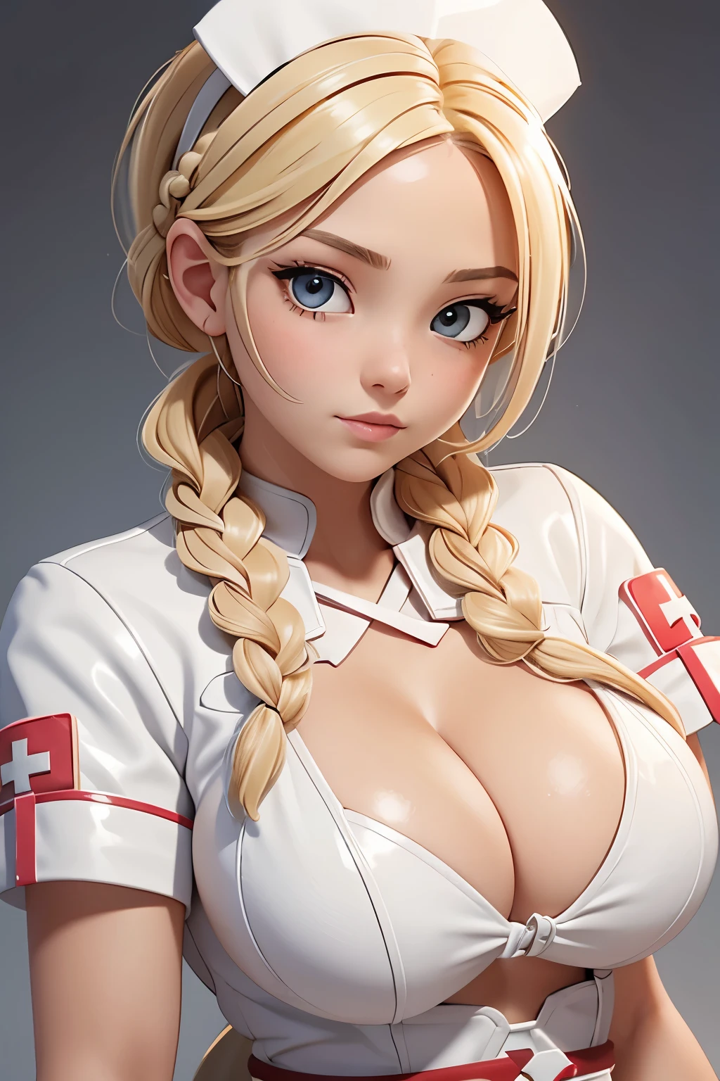 1girl, Blonde braided hair, Warrior, dressed in Glossy White Leather, also she's a Nurse, on the battle field. gigantic breasts