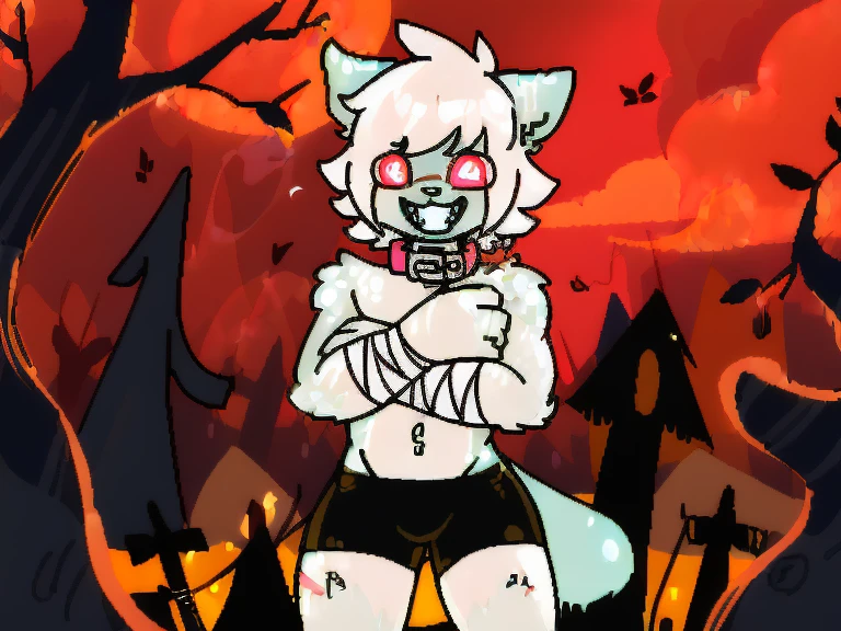（4K，8k，best quality，meticulous details，DeliCate light，DeliCate short hair）Cat，white hair，There&#39;a bit strange，black shorts，Big blue striped tail，Shota，Covered in scars，Pink collar，crazy，Bandages wrap around the body，body covered with eyes，In the cemetery，Red filter，ghost ，vine，laughing out loud