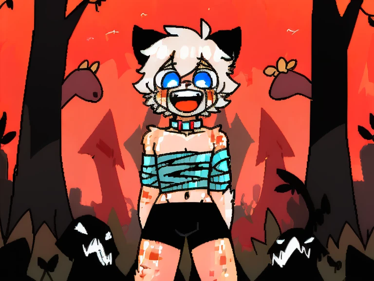 （4K，8k，best quality，meticulous details，DeliCate light，DeliCate short hair）Cat，white hair，There&#39;a bit strange，black shorts，Big blue striped tail，Shota，Covered in scars，Pink collar，crazy，Bandages wrap around the body，body covered with fungus，In the cemetery，Red filter，ghost ，vine，laughing out loud