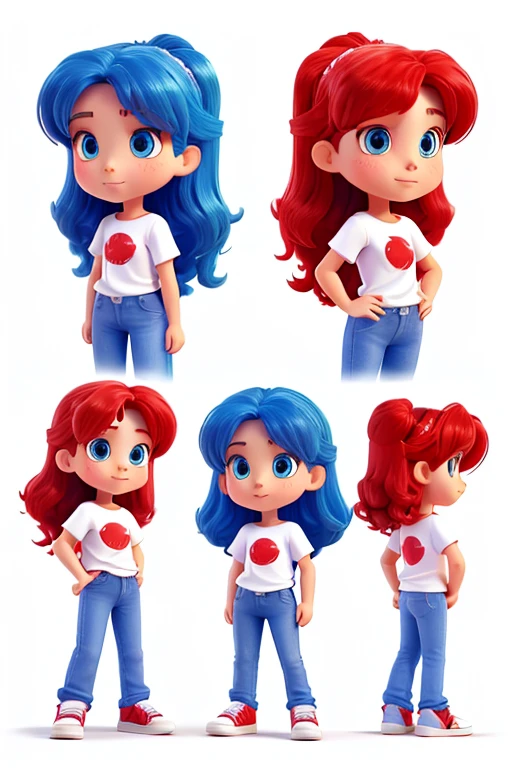 character sheet, different angles and postures, different face expressions, an 8-year-old girl, blue eyes, long wavi red hair, white t-shirt, blue jeans, white sneakers