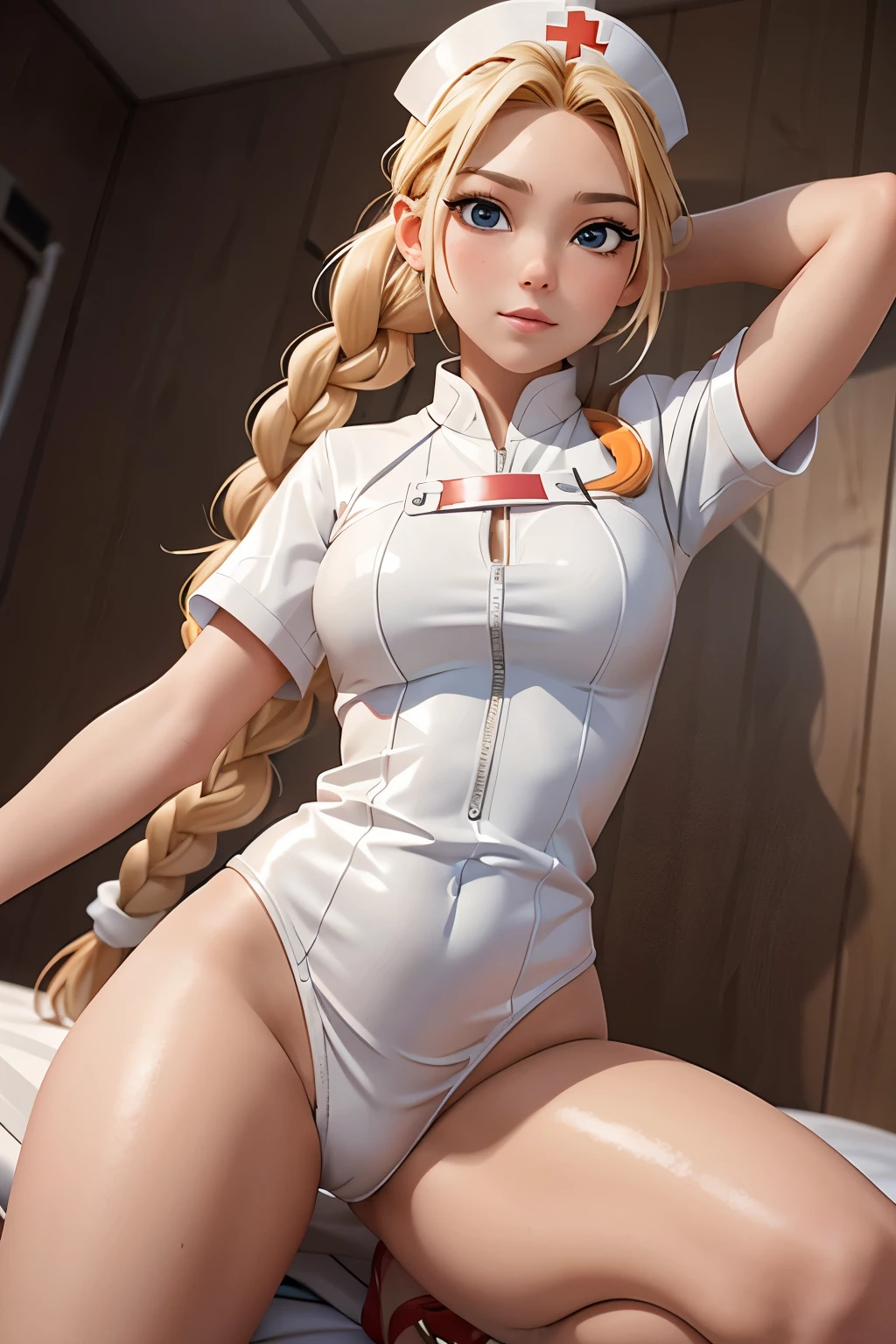 1girl, Blonde braided hair, Warrior, dressed in Glossy White Leather, also she's a Nurse, on the battle field.