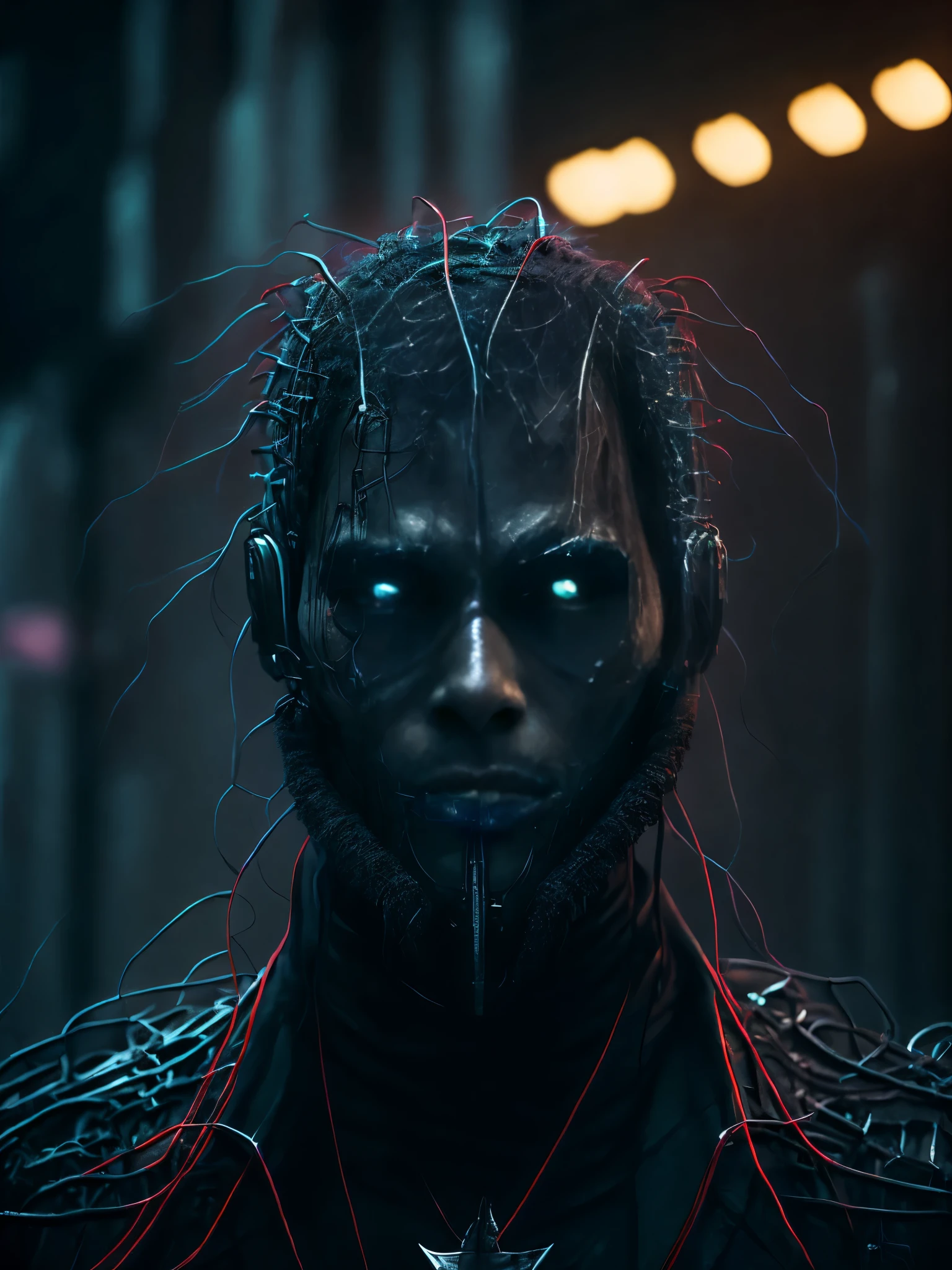 Gloomy portrait of Grim made of black ripper thick electric wires from Marvel with intricate angular cybernetic implants inside a brutalist, Gothic abounded hospital, cyberpunk, award-winning photo, bokeh, neon sign lights, cybernetic limb