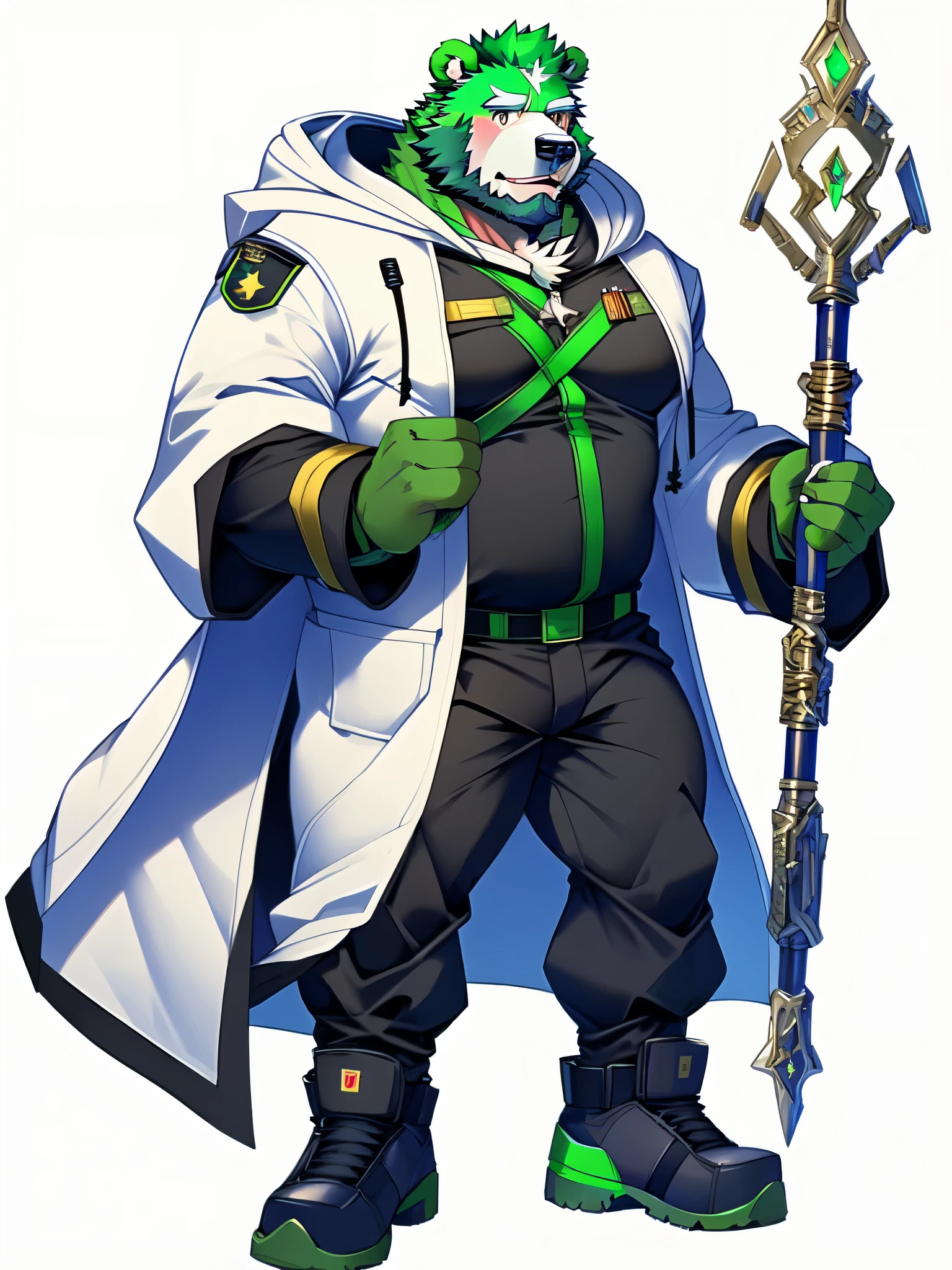 masterpiece, best quality, furry, furry bear, green fur, Jinpei, (full body), simple background, ((long white hoodie coat)), (black inner protective suit), ((gray pants)), ((military shoes)), look to the side, beard, middle age, dad bod, hold a magic staff,