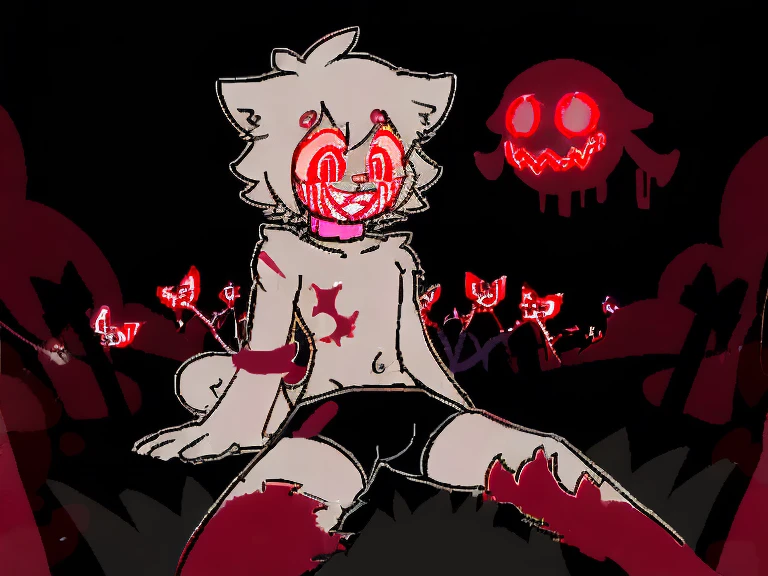 (4K,8k,best quality,meticulous details,DeliCate light,DeliCate short hair)Cat,white hair,There'a bit strange,black shorts,Big blue striped tail,Shota,Covered in scars,Pink collar,crazy,Covered with maggots,In the cemetery,Red filter,ghost ,vine,laughing out loud