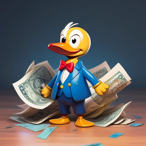 donald duck with monocle and banknotes in his hand cartoon style for profile photo