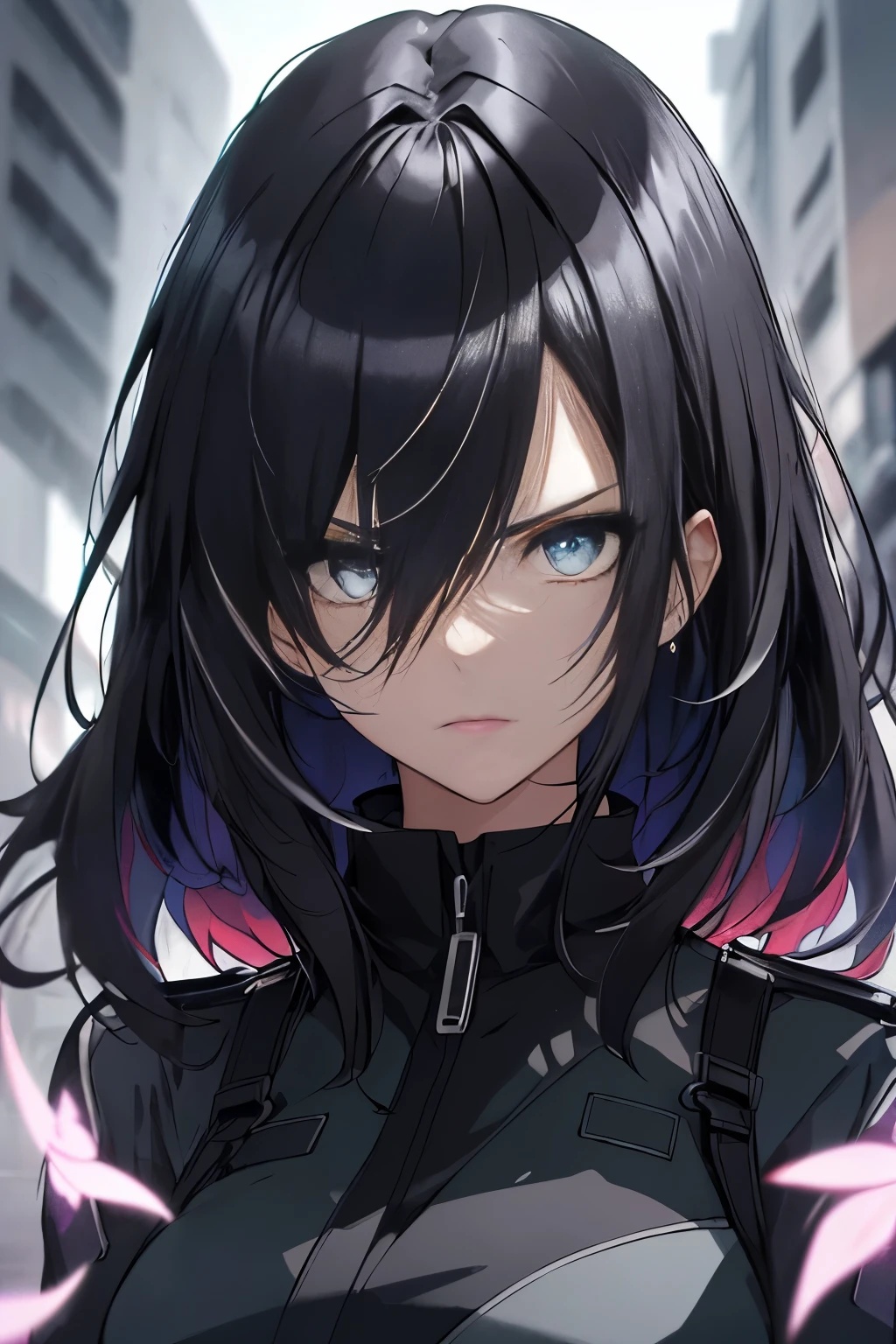 Full body , Female Police Officer ,Jet black head of hair,(masutepiece:1.2, Best Quality), (finely detailed beautiful eye: 1.2), (Detailed background,Dark Fantasy), (beautifull detailed face), High contrast, (Best Illumination, extremely delicate and beautiful), ((Cinematic Light)), Colorful, Hyper Detail, Dramatic light, Intricate details,Very blue eyes, Shining eyes,  large full breasts, Long hair fluttering in the wind,  jet-black hair, Serious look,