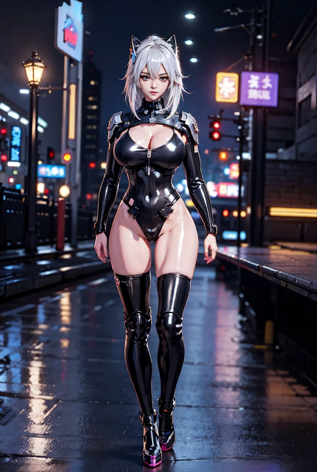 There was a woman standing on the side of the road,Holding the light pole with hand ,Cyberpunk Art by Yang J, Popular topics on Artstation, realism, guweiz style artwork, anime style. 8k, guweiz, Realistic anime 3D style, Popular topics on cgstation, 🤤 girl portrait, Surreal cyberpunk style, anime style mixed with fujifilm, Fantastic cyberpunk girl,Sexy clothes