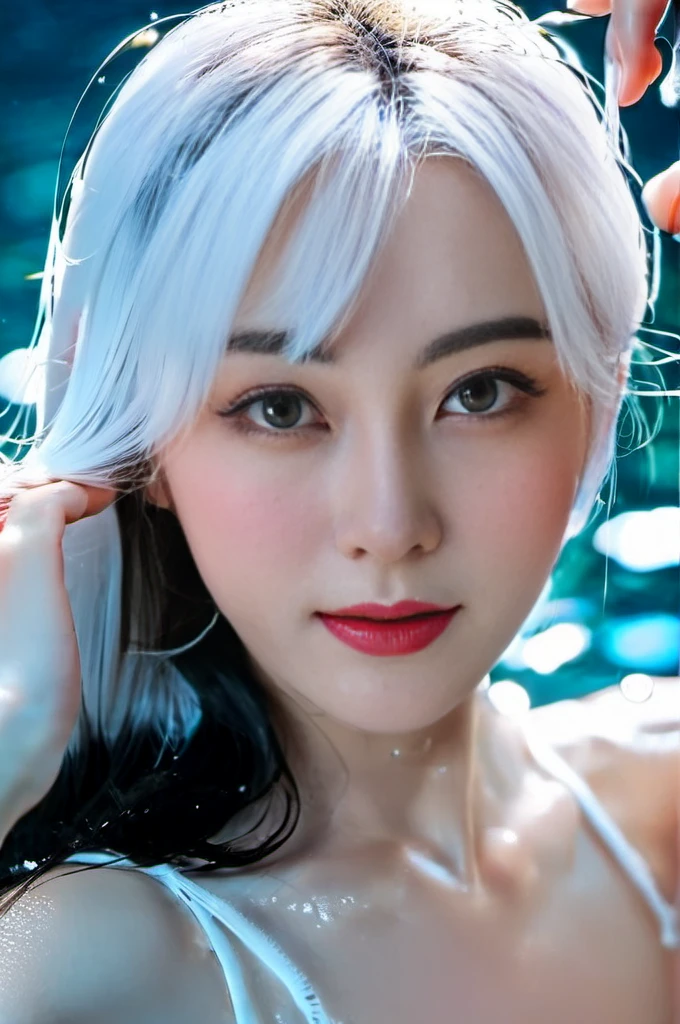 (8k, original photo, best quality, masterpiece:1.2),(actual, photo-actual:1.4), Super detailed, Extremely detailed CG 8k wallpaper,(water晶质感皮肤:1.2), (extremely delicate and beautiful),Delicate skin,1 girl,water,water下,water下 photography,immerse,White shirt,charming,correct,looking at camera,white hair,Upper body,(Face the camera directly:1.5),(浅蓝色的海water:1.4),