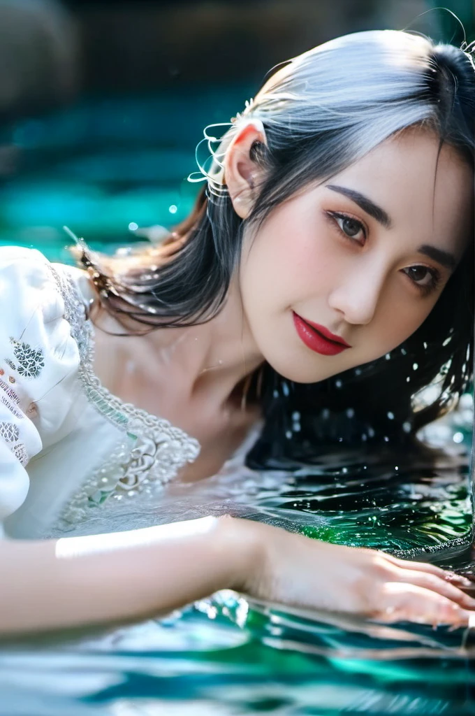 (8k, original photo, best quality, masterpiece:1.2),(actual, photo-actual:1.4), Super detailed, Extremely detailed CG 8k wallpaper,(water晶质感皮肤:1.2), (extremely delicate and beautiful),Delicate skin,1 girl,water,water下,water下 photography,immerse,White shirt,charming,correct,looking at camera,white hair,Upper body,(Face the camera directly:1.5),(浅蓝色的海water:1.4),