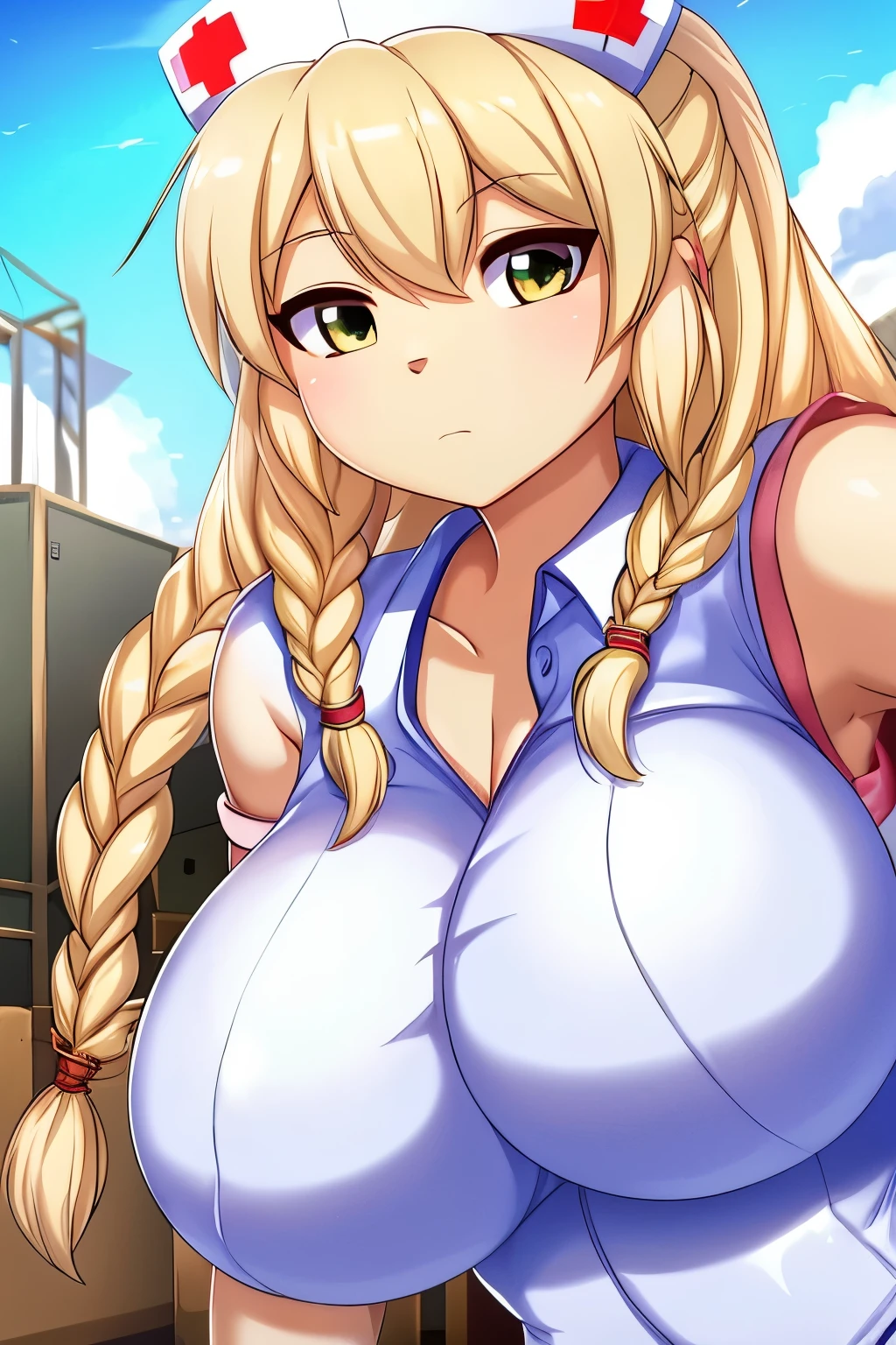 1girl, Blonde braided hair, Warrior, dressed in Glossy White Leather, also she's a Nurse, on the battle field. gigantic breasts