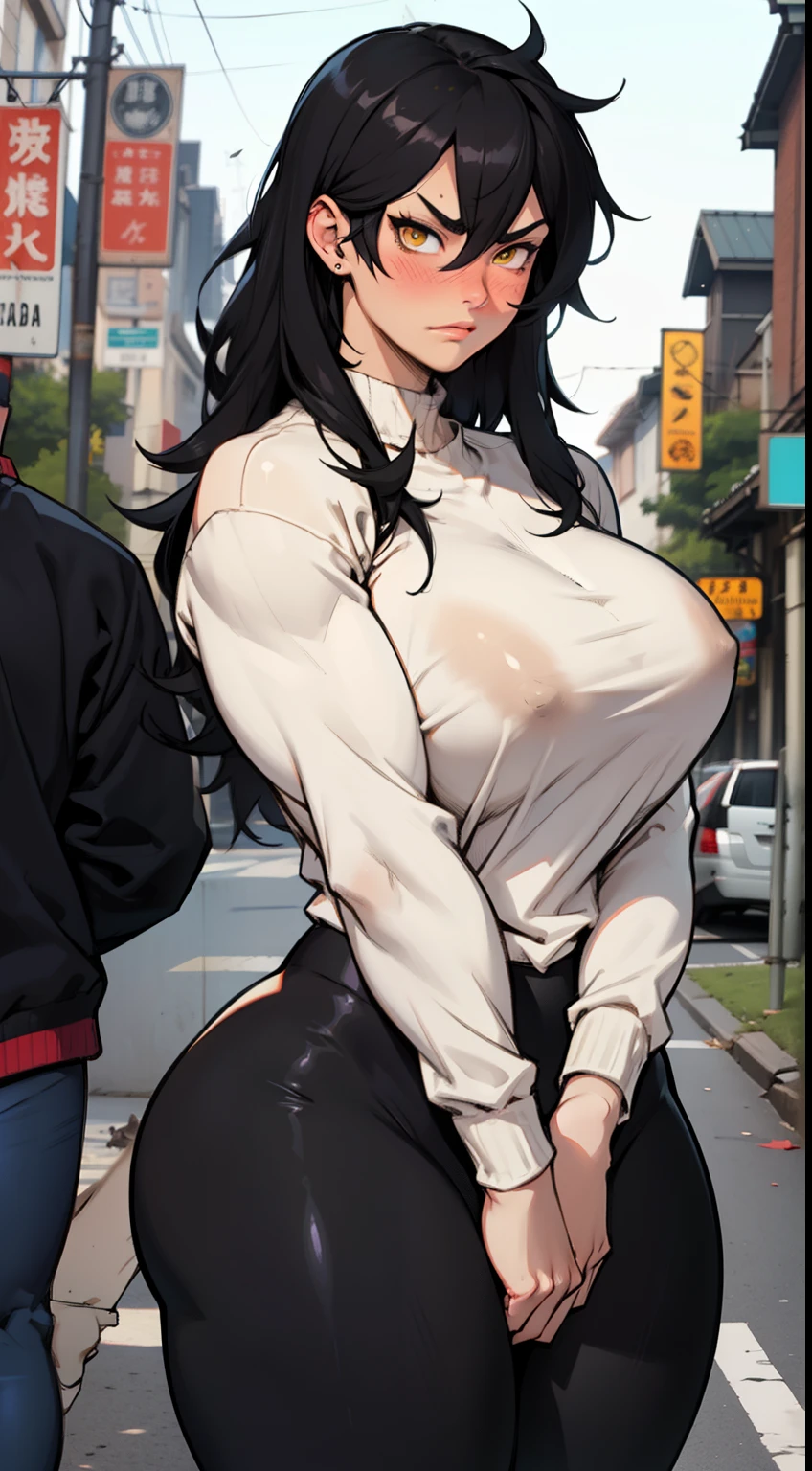1girl solo black hair yellow eyes very long hair pale skin muscular muscular muscular muscular toned body huge muscles thick thighs girl tight clothes angry blushing messy hair leggings tight shirt long sleeves thick thick thick thick thick thick