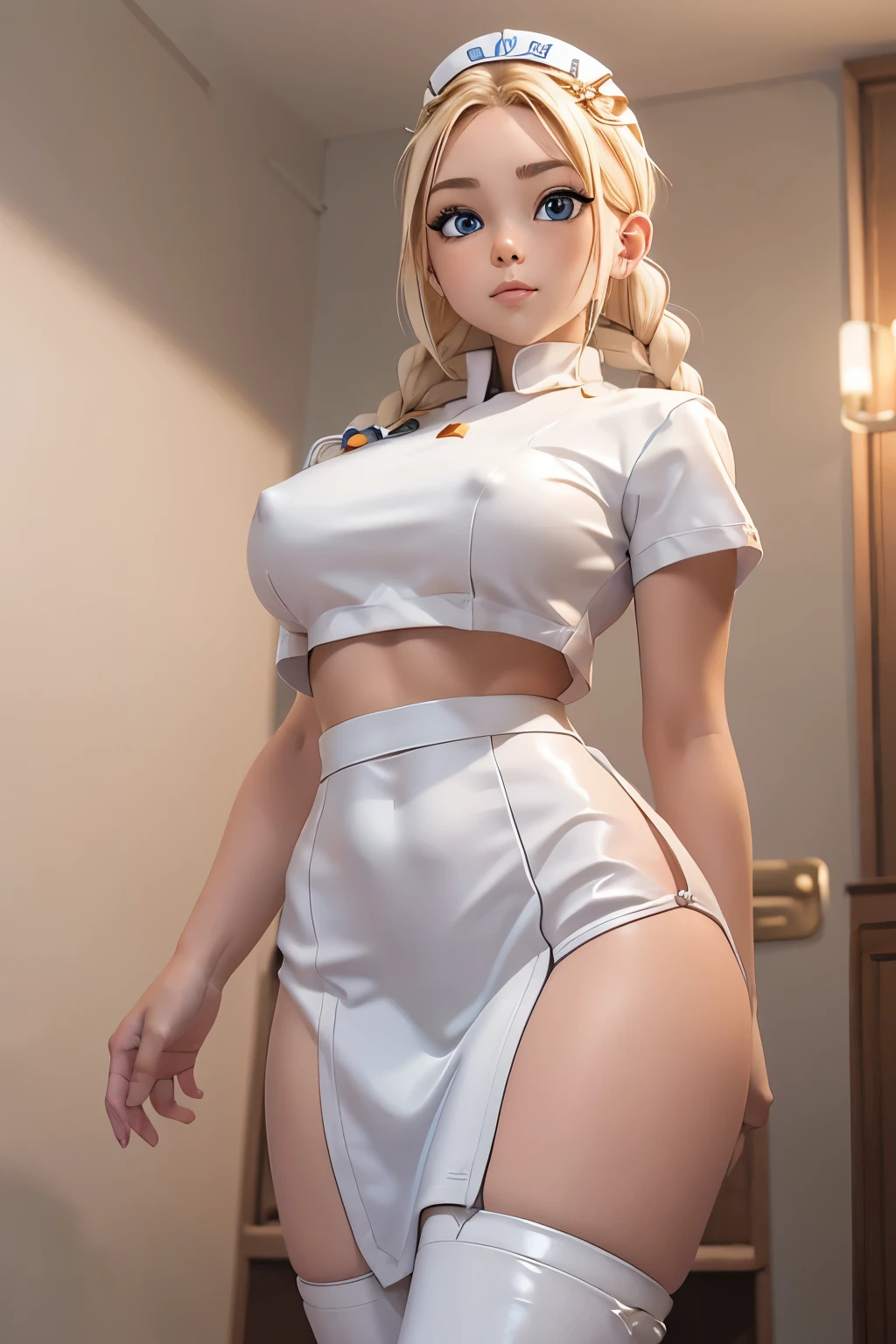 1girl, Blonde braided hair, Warrior, dressed in Glossy White Leather, also she's a Nurse, on the battle field. gigantic breasts, full body shot from below, ctmp