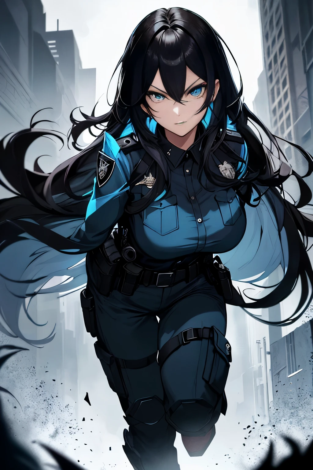 Full body , Female Police Officer ,Jet black head of hair,(masutepiece:1.2, Best Quality), (finely detailed beautiful eye: 1.2), (Detailed background,Dark Fantasy), (beautifull detailed face), High contrast, (Best Illumination, extremely delicate and beautiful), ((Cinematic Light)), Colorful, Hyper Detail, Dramatic light, Intricate details,Very blue eyes, Shining eyes, large full breasts, Long hair fluttering in the wind, jet-black hair, Serious look,