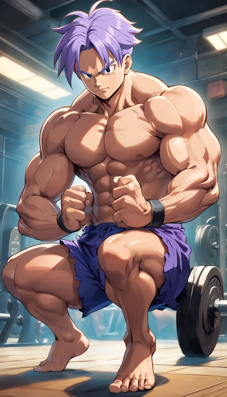 (Eine detaillierte Zeichnung von trunks , bodybuilding gym.), shirtless, massive muscular body, huge muscular shoulders, Massive big biceps, Venen im Bizeps, Muskelbeine, massive muscular abs, Bizepsflex. posierend, er schwitzt, very muscular, The toned body shines in the spotlight, much muscular sexy, Bodybuilding-Pose, squats, barefoot, Full body image