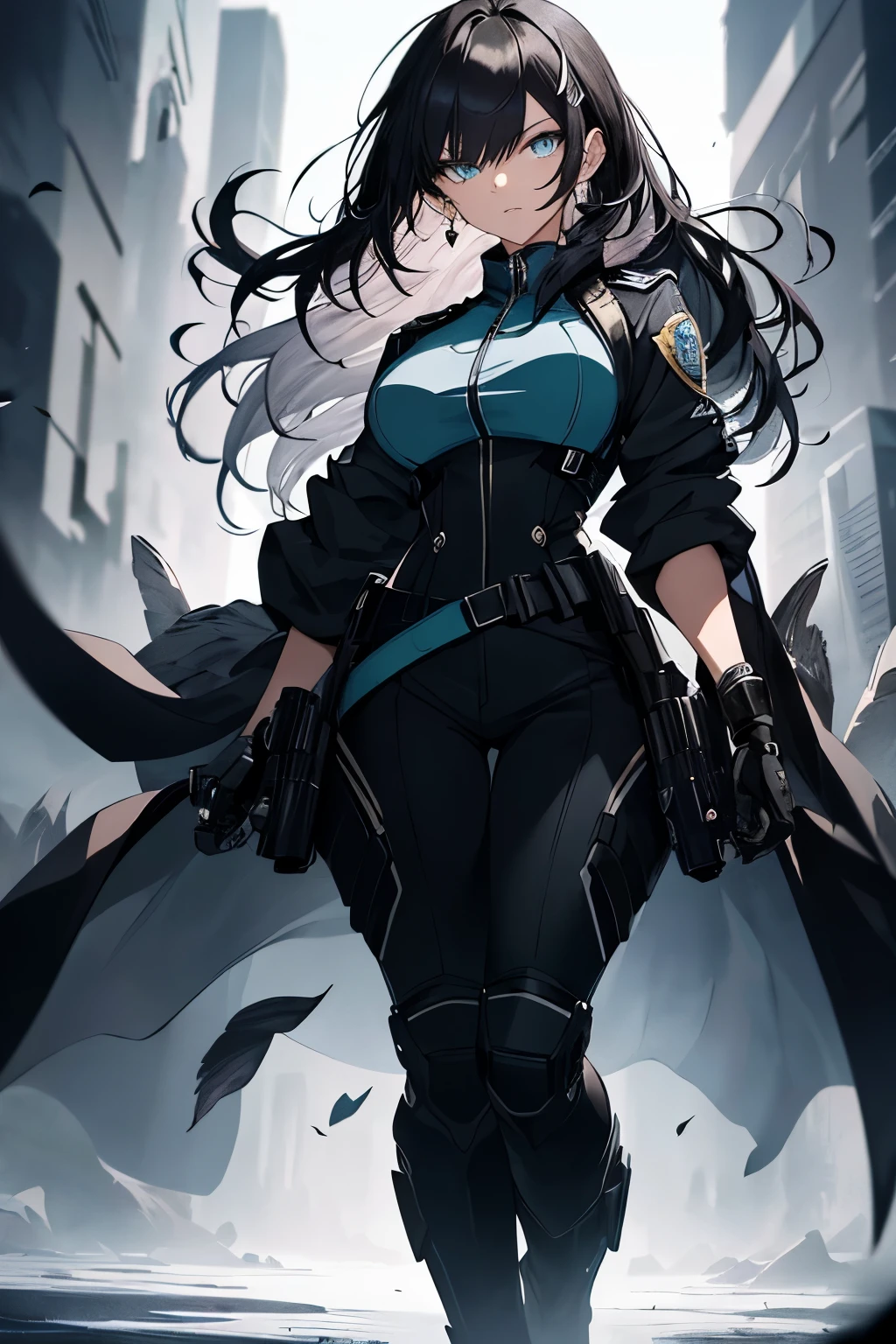 Full body , Female Police Officer ,Jet black head of hair,(masutepiece:1.2, Best Quality), (finely detailed beautiful eye: 1.2), (Detailed background,Dark Fantasy), (beautifull detailed face), High contrast, (Best Illumination, extremely delicate and beautiful), ((Cinematic Light)), Colorful, Hyper Detail, Dramatic light, Intricate details,Very blue eyes, Shining eyes,  large full breasts, Long hair fluttering in the wind,  jet-black hair, Serious look,