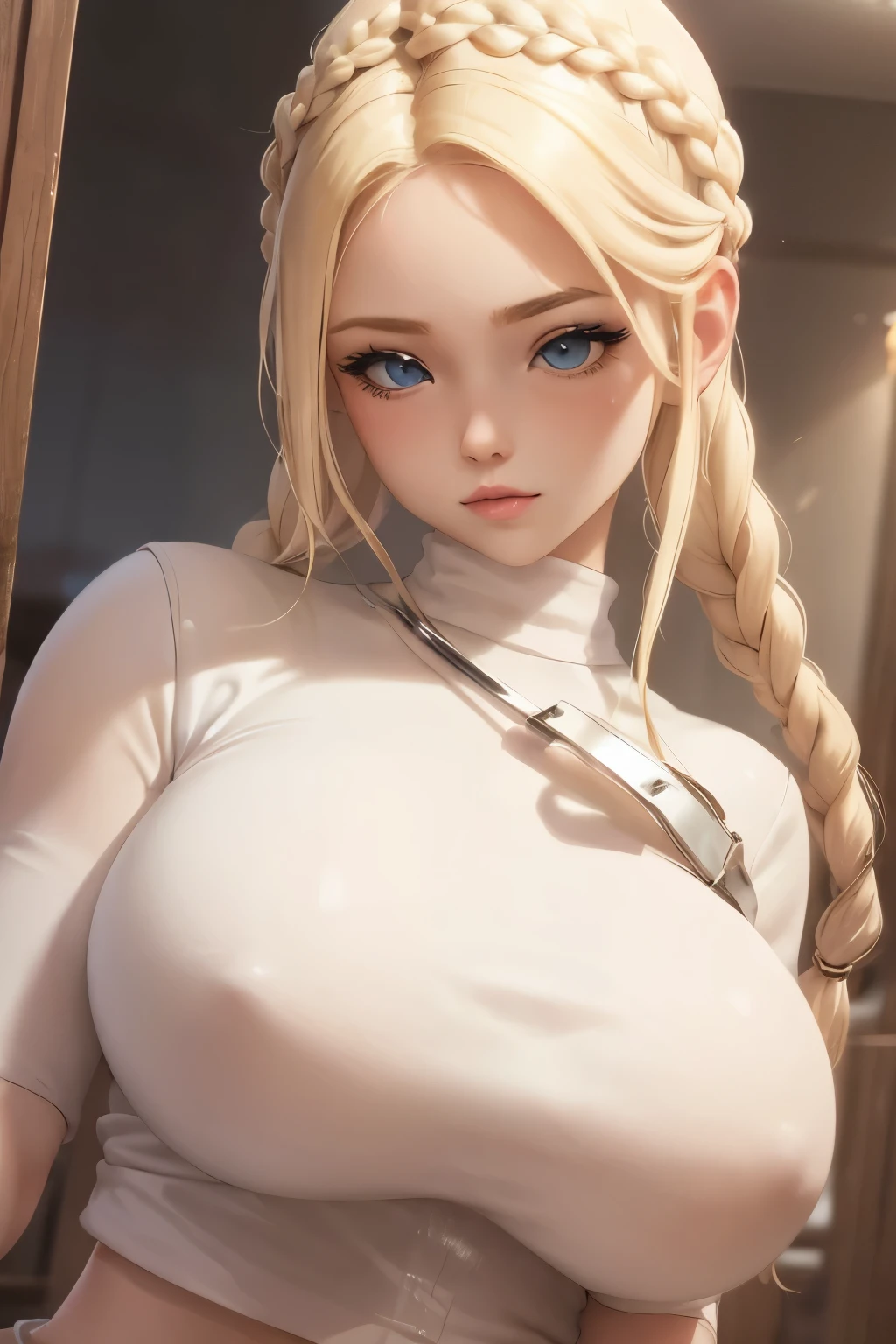 1girl, Blonde braided hair, Warrior, dressed in Glossy White Leather, also she's a Nurse, on the battle field. gigantic breasts
