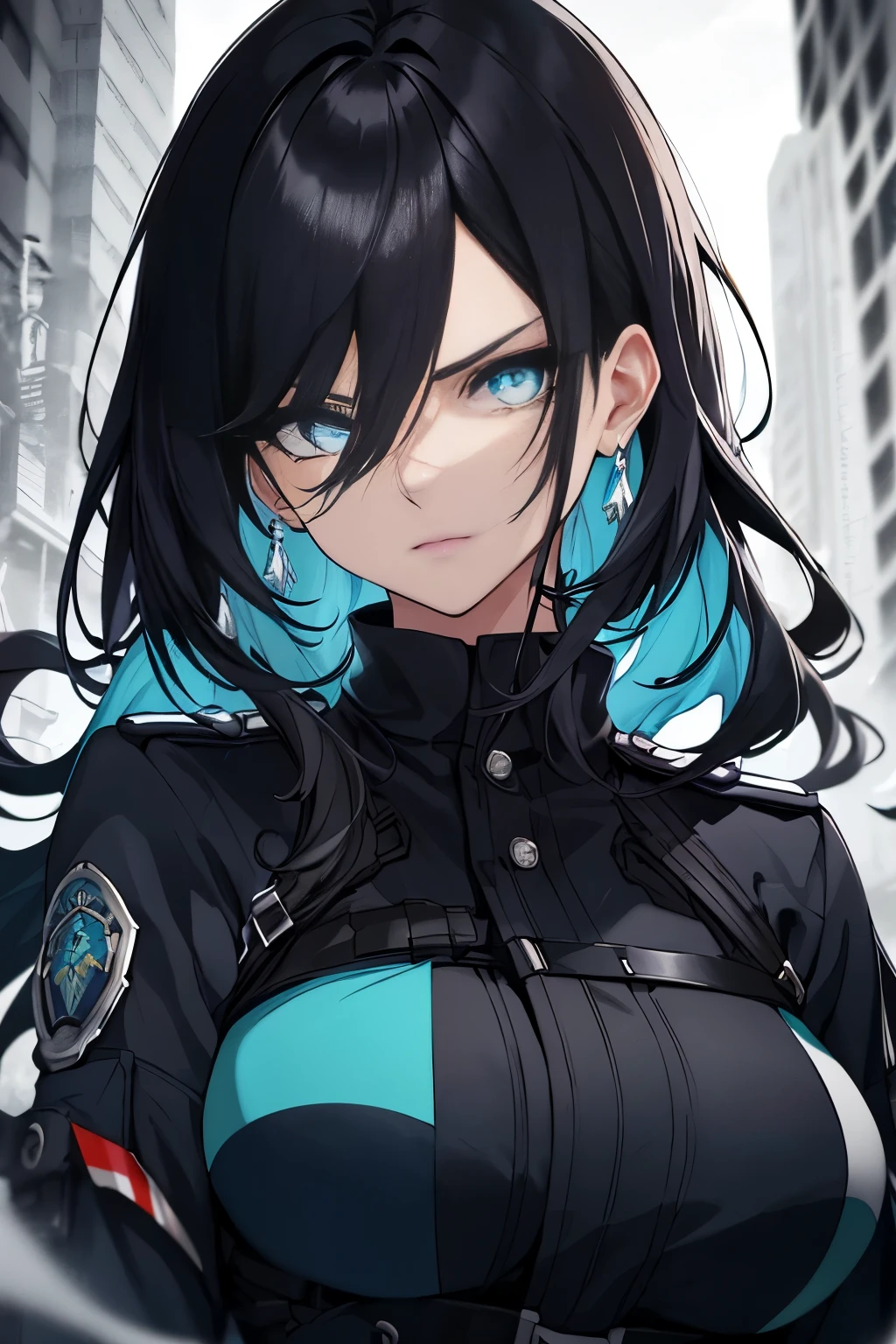 Full body , Female Police Officer ,Jet black head of hair,(masutepiece:1.2, Best Quality), (finely detailed beautiful eye: 1.2), (Detailed background,Dark Fantasy), (beautifull detailed face), High contrast, (Best Illumination, extremely delicate and beautiful), ((Cinematic Light)), Colorful, Hyper Detail, Dramatic light, Intricate details,Very blue eyes, Shining eyes,  large full breasts, Long hair fluttering in the wind,  jet-black hair, Serious look,