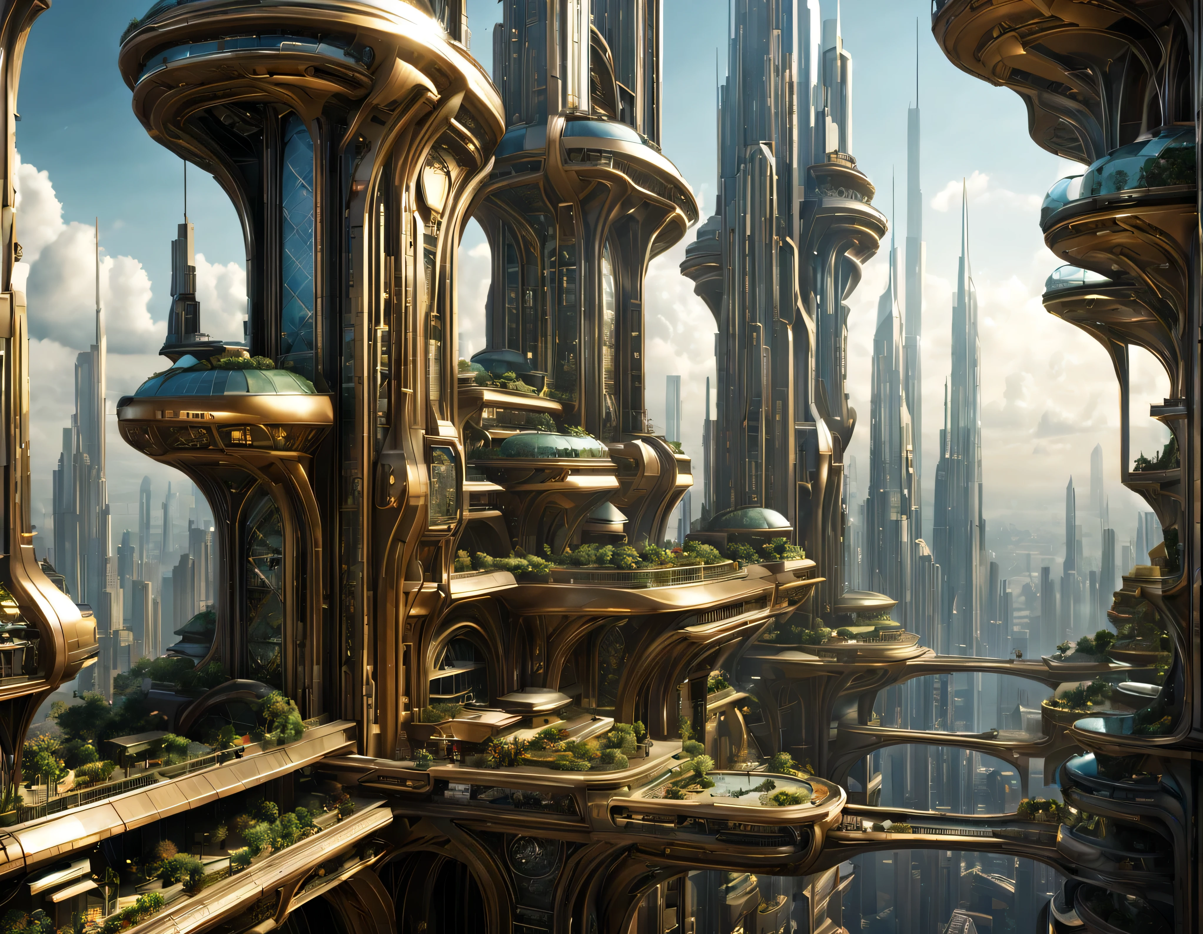 the city of megacity futuristic science fiction city as it would be in the year 3029, vista desde una terraza , with high-tech design , edificios de metal y cristal, autopistas cruzandolos, de una inmensidad impresionante, con el empleo de oro , plata y bronce en su construccion, realmente impresionante a la vista, imagen bien definida, fondo nitido bien defifido, con muchos edificios juntos. imagen nitida bien definida 8k. los edificios llegan alta el fondo.,8k. imagen cinematografica, renderizado 3d, ((obra maestra de superior calidad)).