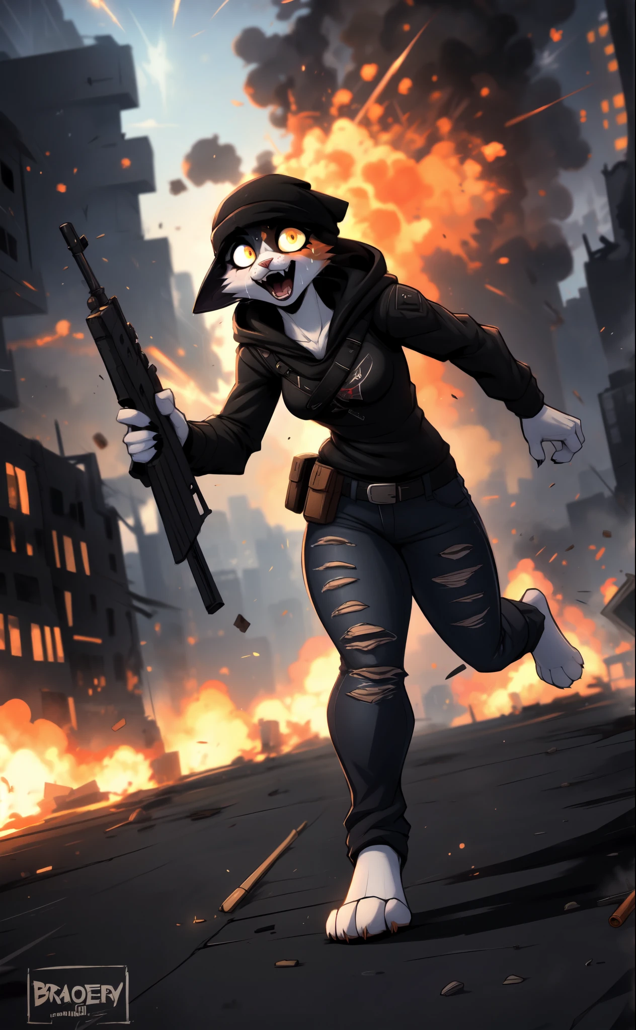 By black-kitten, by zackary911, by azoomer, by braeburned, Meow skulls, Fortnite, female, small breasts, barefoot, two toned fur, holding a hunting rifle, running, scared, raised eyebrows, wide eyed, mouth open, sweating,  mouth open, wearing ripped skinny jeans, black hoodie, ammo belt on torso, black beanie, running towards viewer, bullets flying past her, in a war torn city, explosions everywhere, buildings exploding, explosions:2