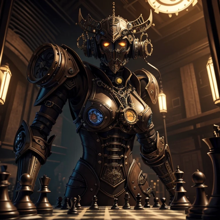 Generate an intricately detailed image featuring a chessboard set in a dark, steampunk-inspired atmosphere. The chess pieces should be rendered with robotic characteristics, each exuding a unique and mechanical aesthetic. The scene should evoke a sense of futuristic nostalgia, with attention to steampunk elements and an overall dark ambiance. Emphasize fine details in both the chess pieces and the board to create a visually stunning and immersive composition