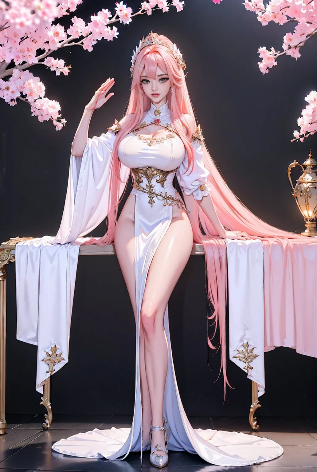 best quality, masterpiece, high resolution,3个女孩,pretty face,whole body,White sexy revealing robe,Hold the sword in your right hand (Gorgeous ornamentation),Peach tree,The swords are raised in the air and crossed together